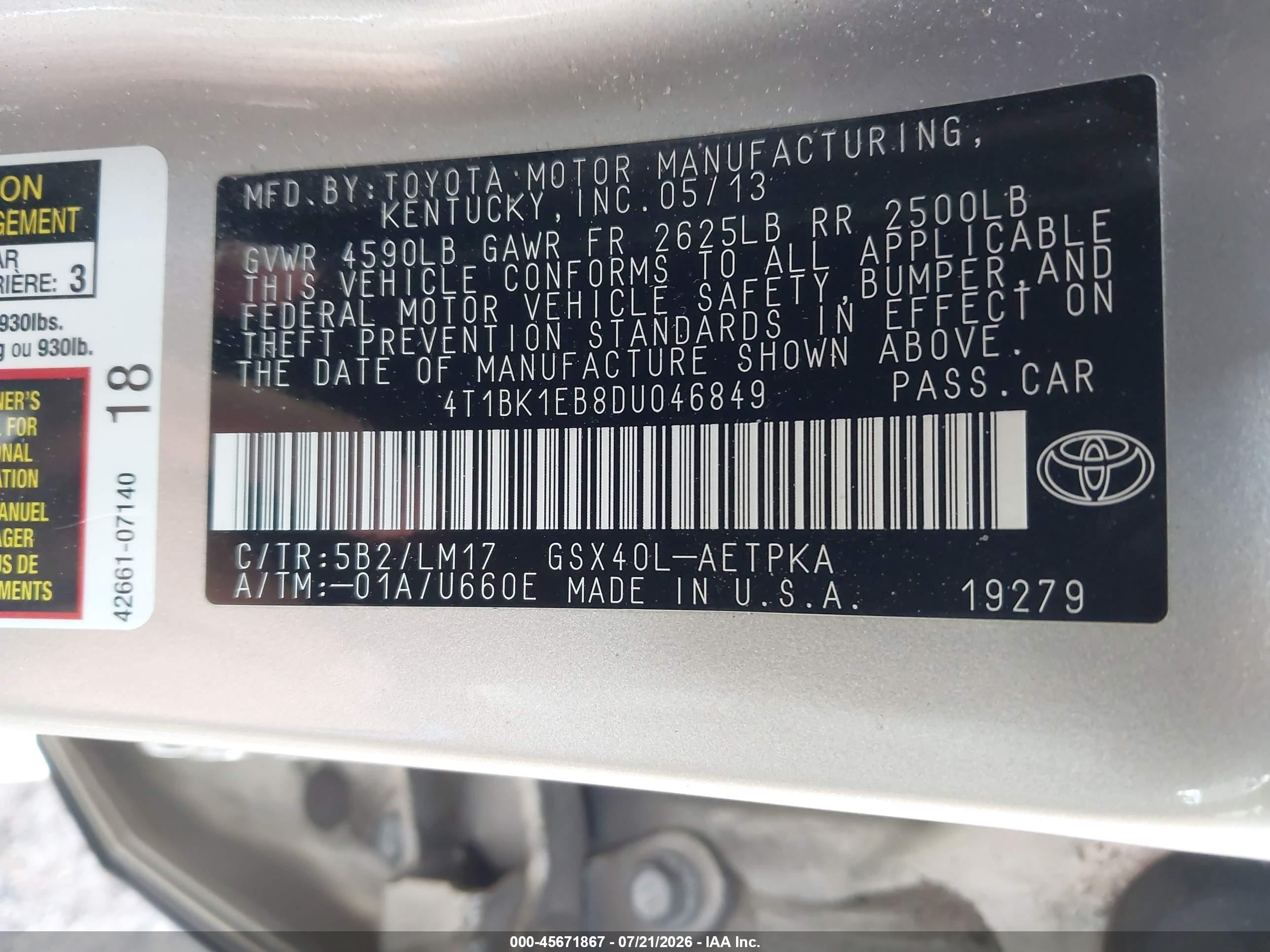 2013 Toyota Avalon Limited Champagne vin: 4T1BK1EB8DU046849