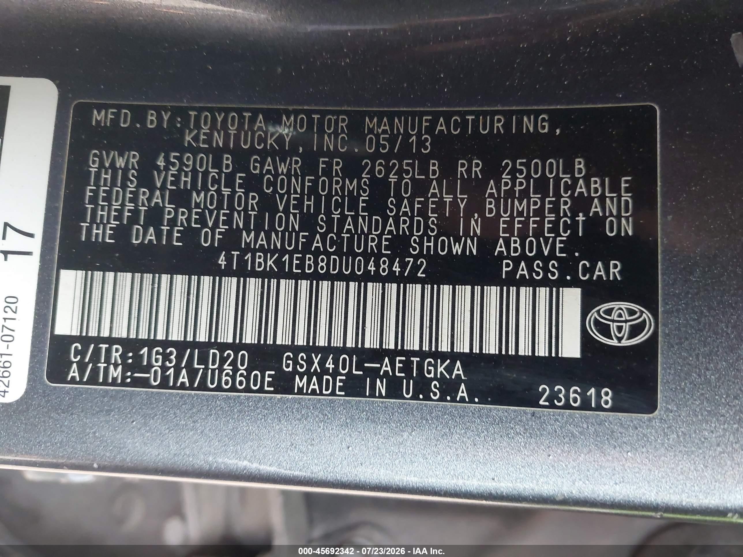 2013 Toyota Avalon Xle Gray vin: 4T1BK1EB8DU048472