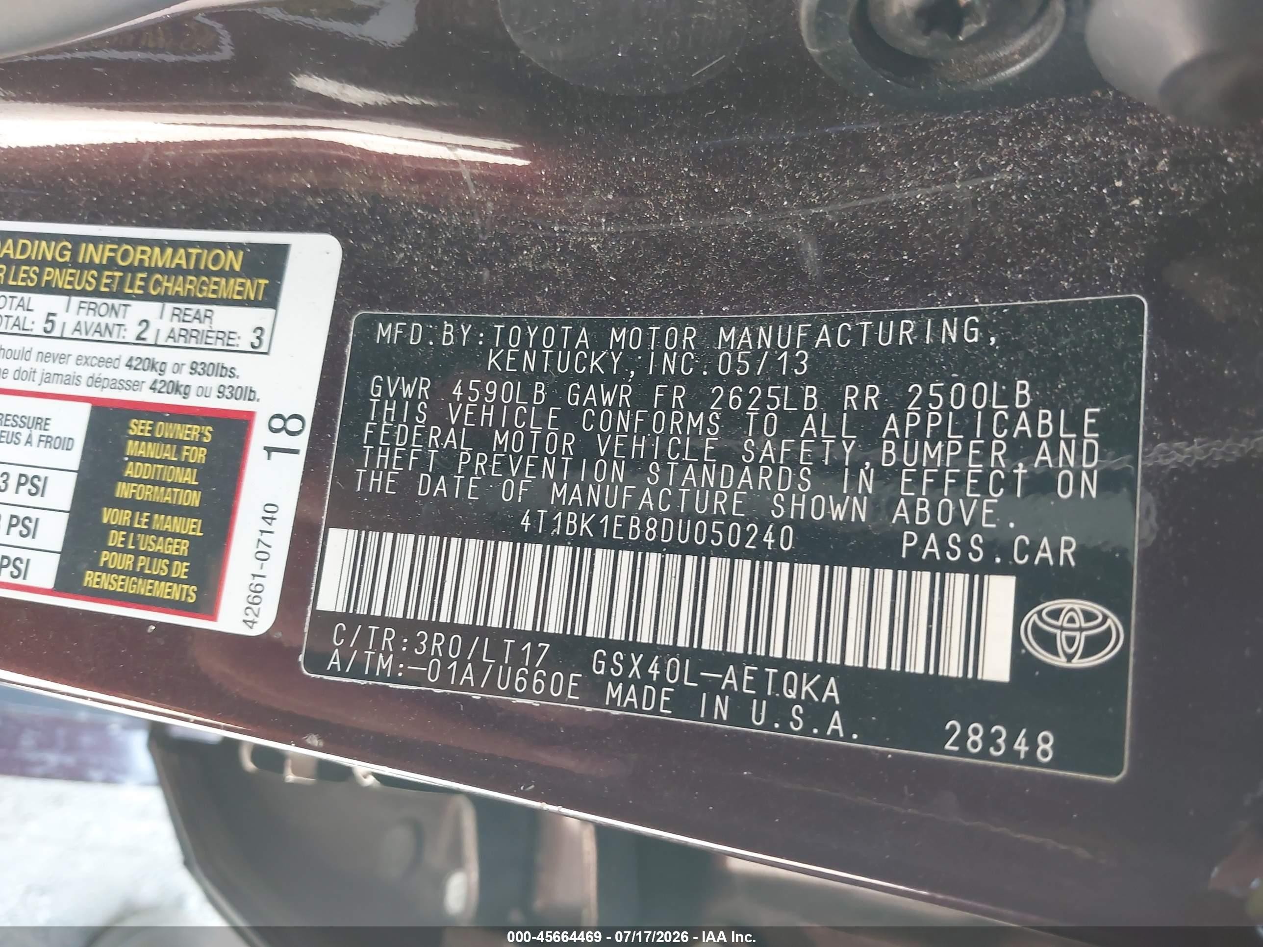 2013 Toyota Avalon Xle Touring Burgundy vin: 4T1BK1EB8DU050240