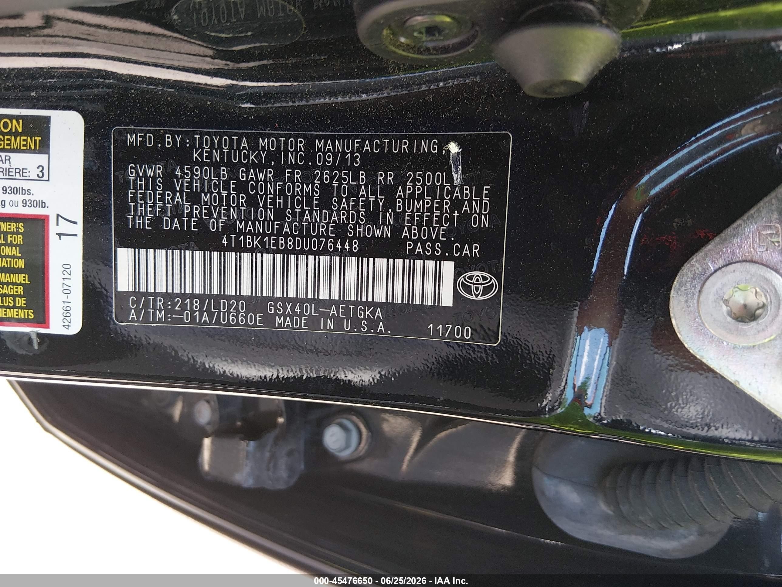 2013 Toyota Avalon Xle Black vin: 4T1BK1EB8DU076448