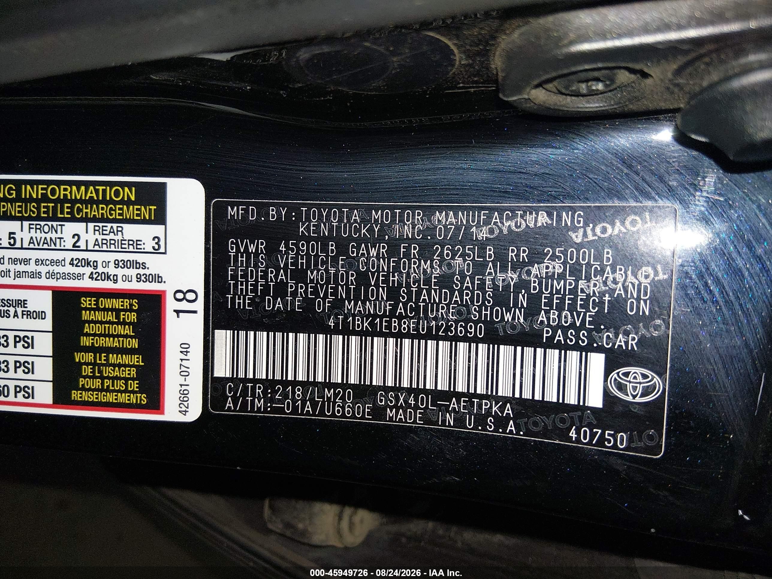 2014 Toyota Avalon Limited vin: 4T1BK1EB8EU123690