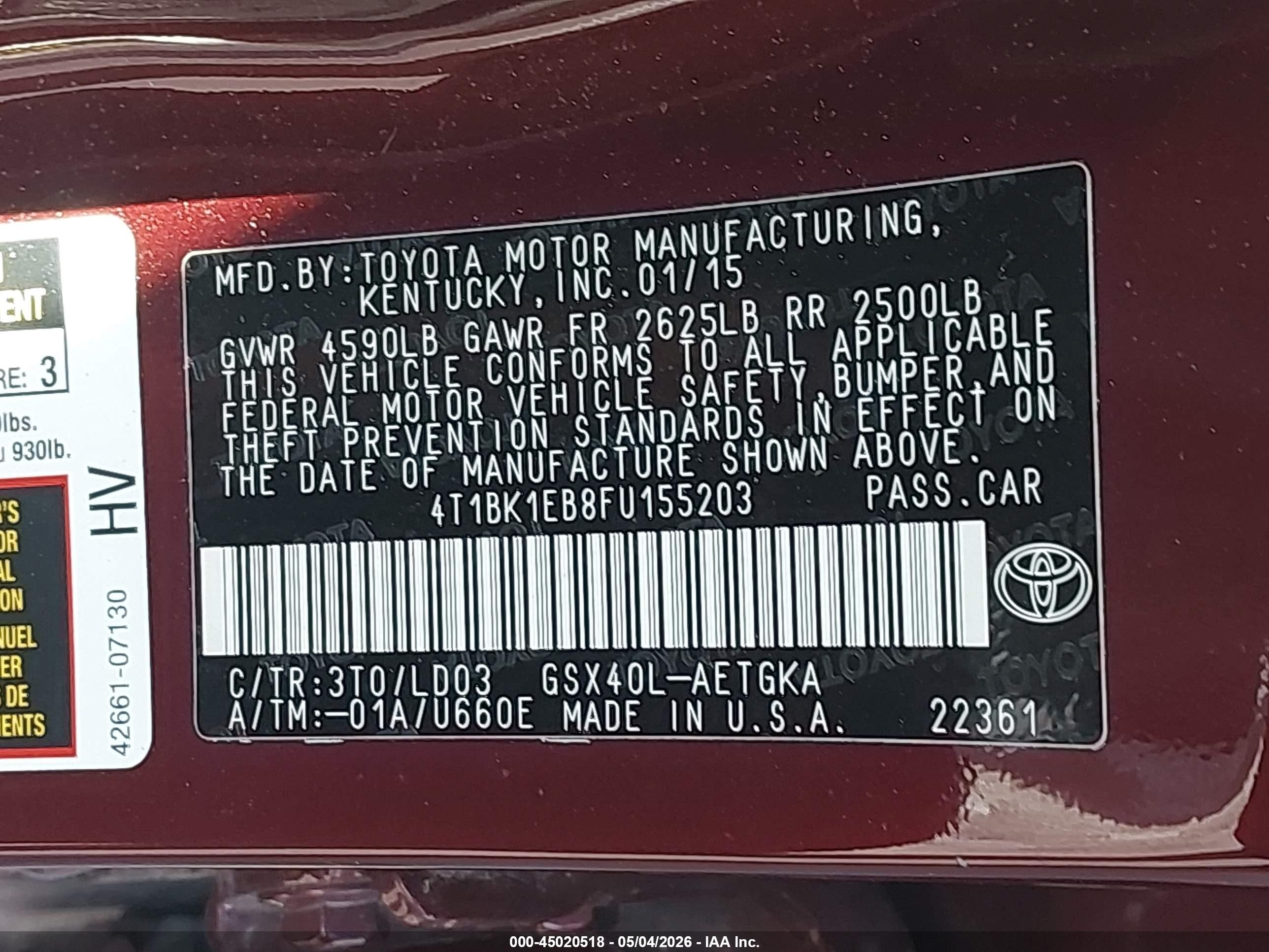 2015 Toyota Avalon Xle Темно-бордовый vin: 4T1BK1EB8FU155203