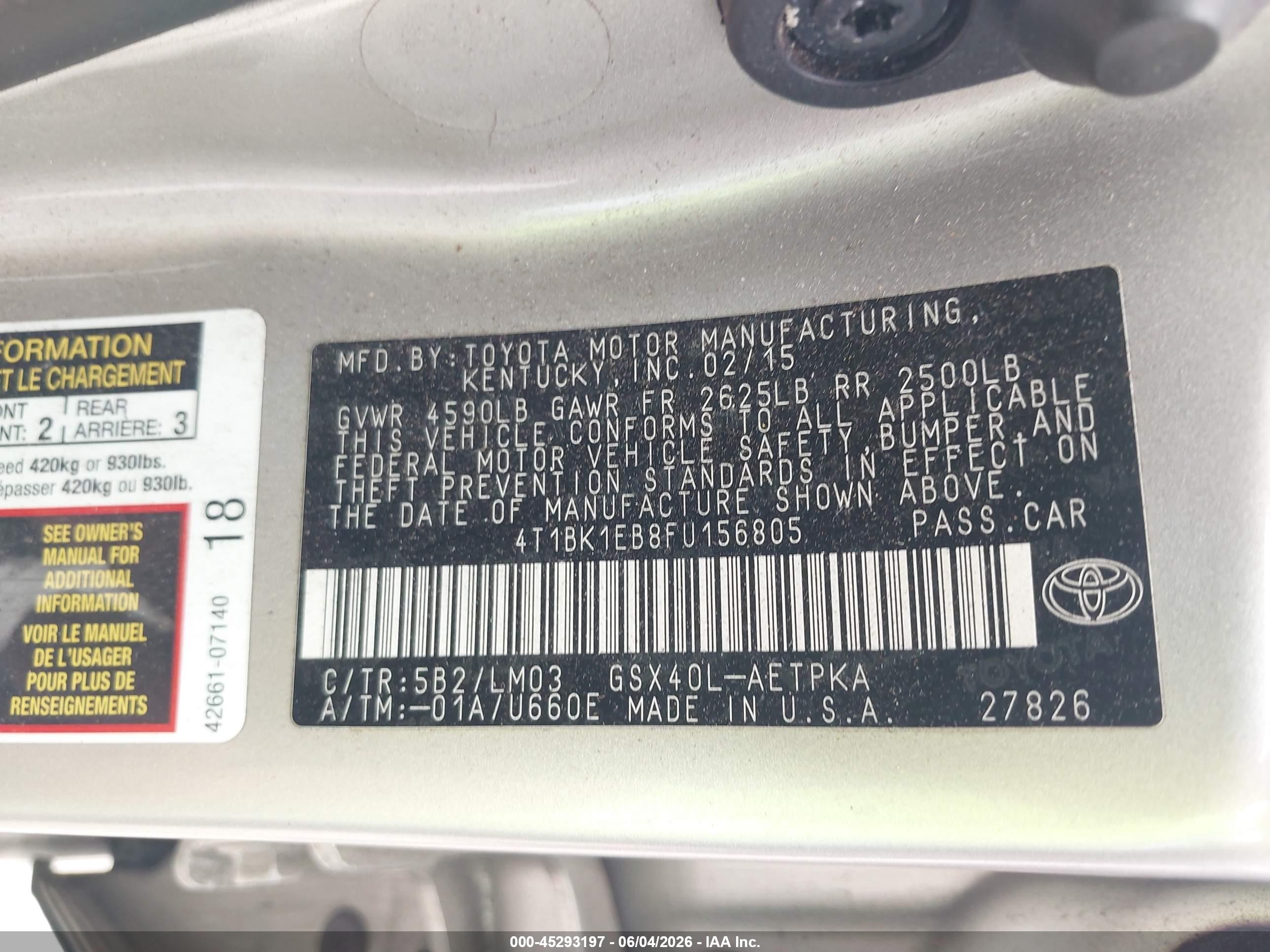 2015 Toyota Avalon Limited Pewter vin: 4T1BK1EB8FU156805