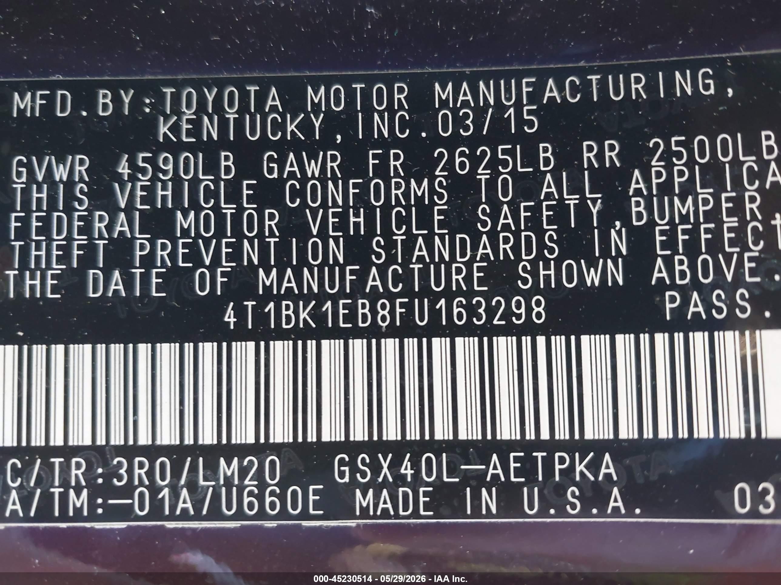 2015 Toyota Avalon Limited Purple vin: 4T1BK1EB8FU163298