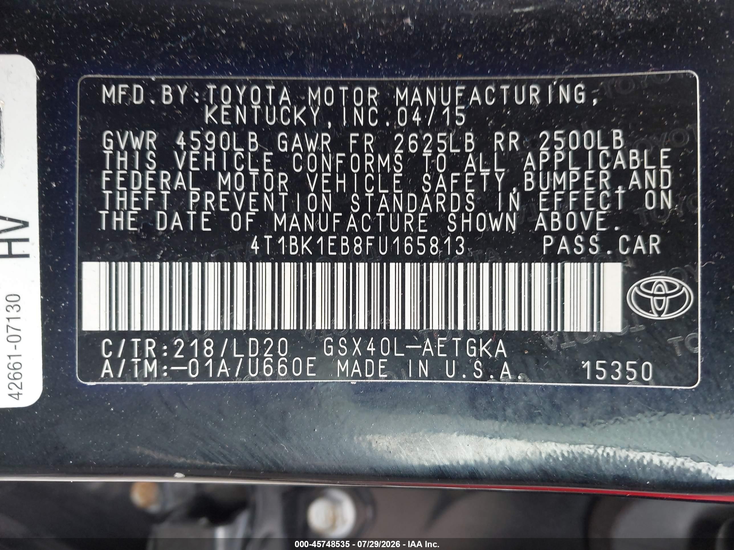 2015 Toyota Avalon Xle Black vin: 4T1BK1EB8FU165813