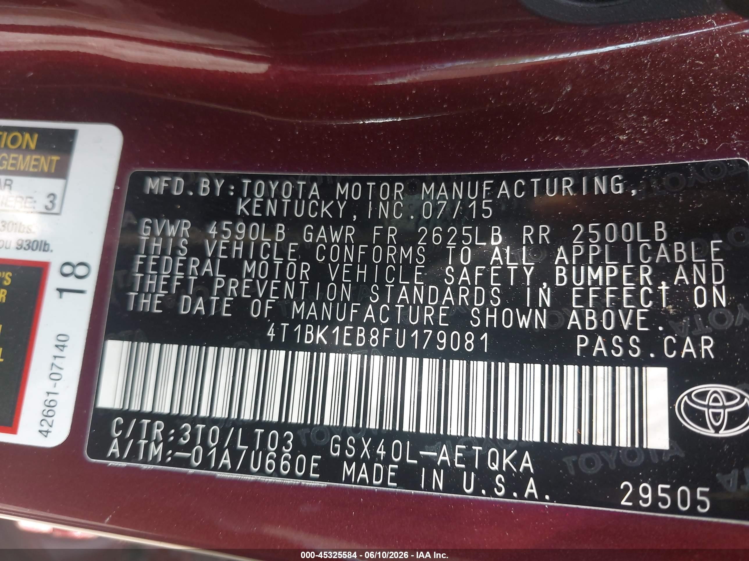 2015 Toyota Avalon Xle Touring Burgundy vin: 4T1BK1EB8FU179081