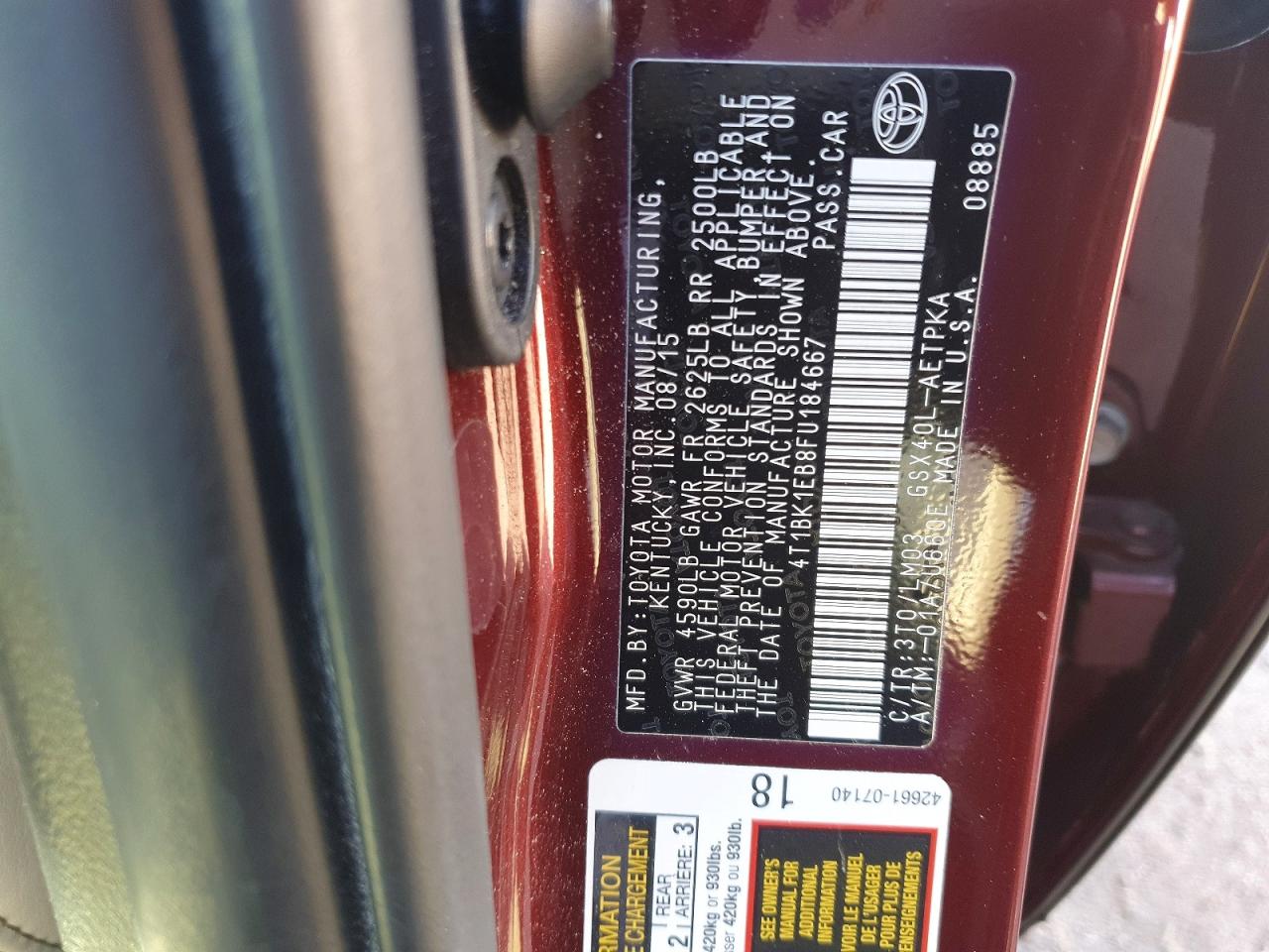 2015 Toyota Avalon Limited Burgundy vin: 4T1BK1EB8FU184667
