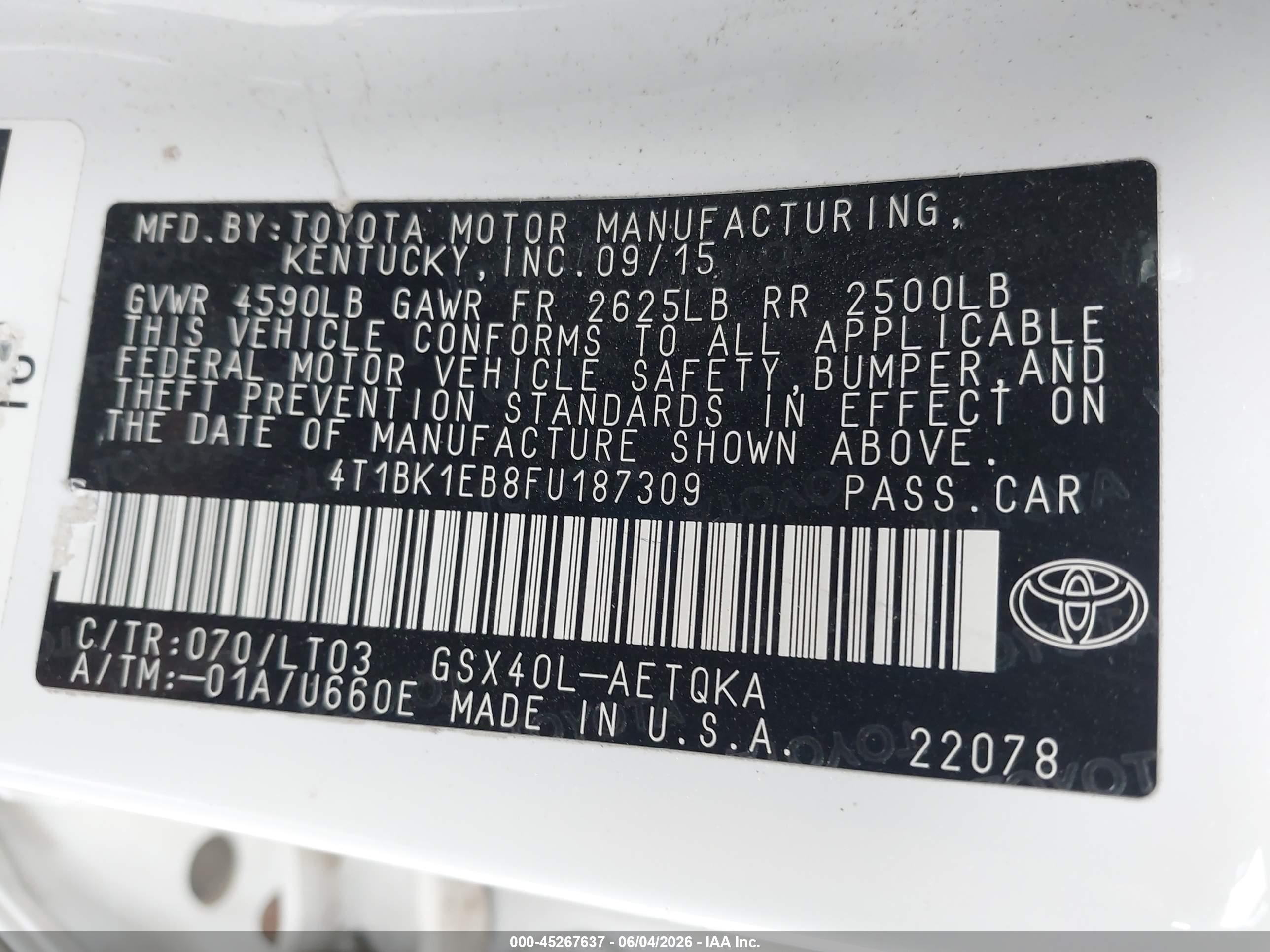 2015 Toyota Avalon Xle Touring White vin: 4T1BK1EB8FU187309