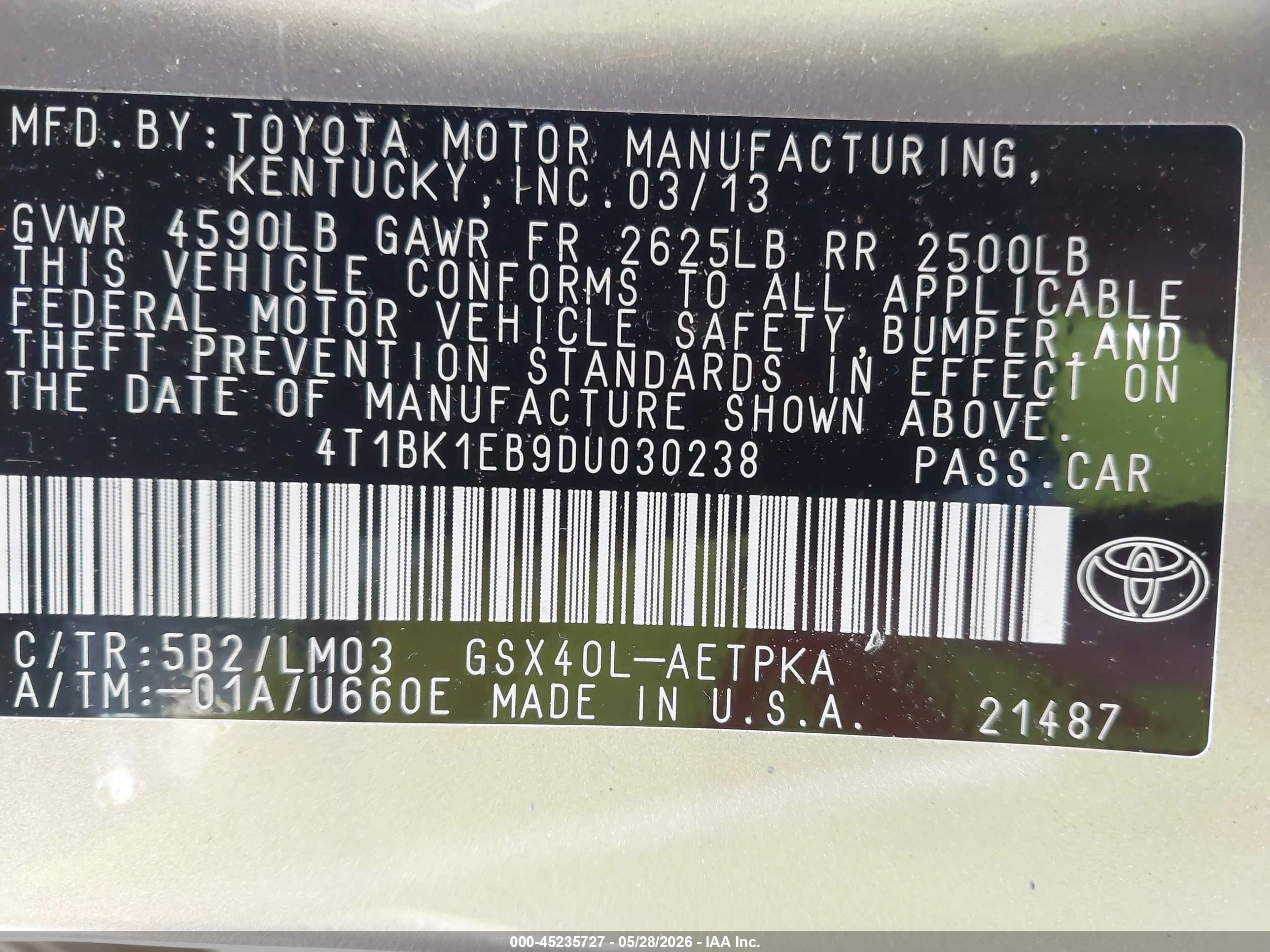 2013 Toyota Avalon Limited Gold vin: 4T1BK1EB9DU030238