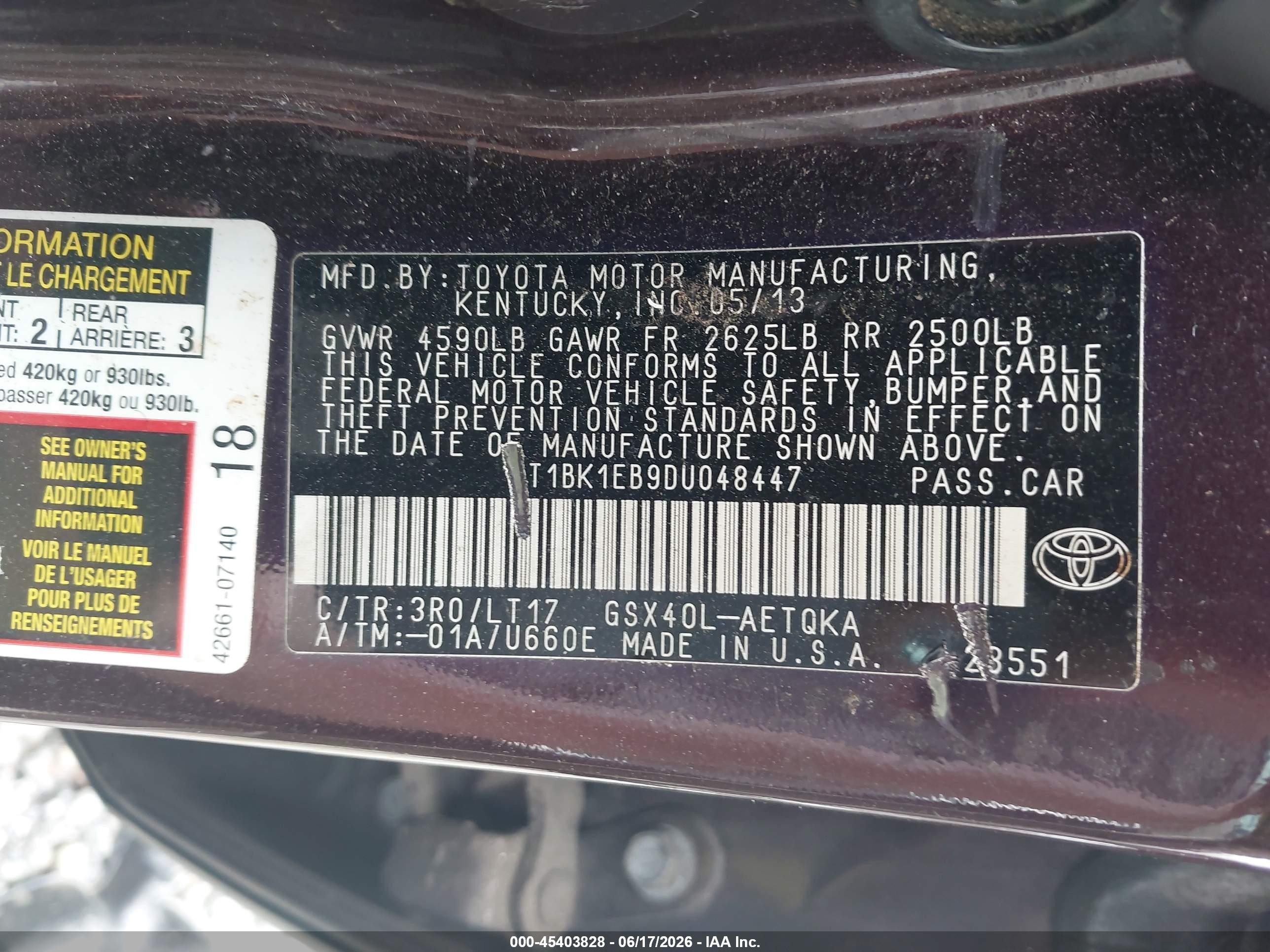 2013 Toyota Avalon   Burgundy vin: 4T1BK1EB9DU048447