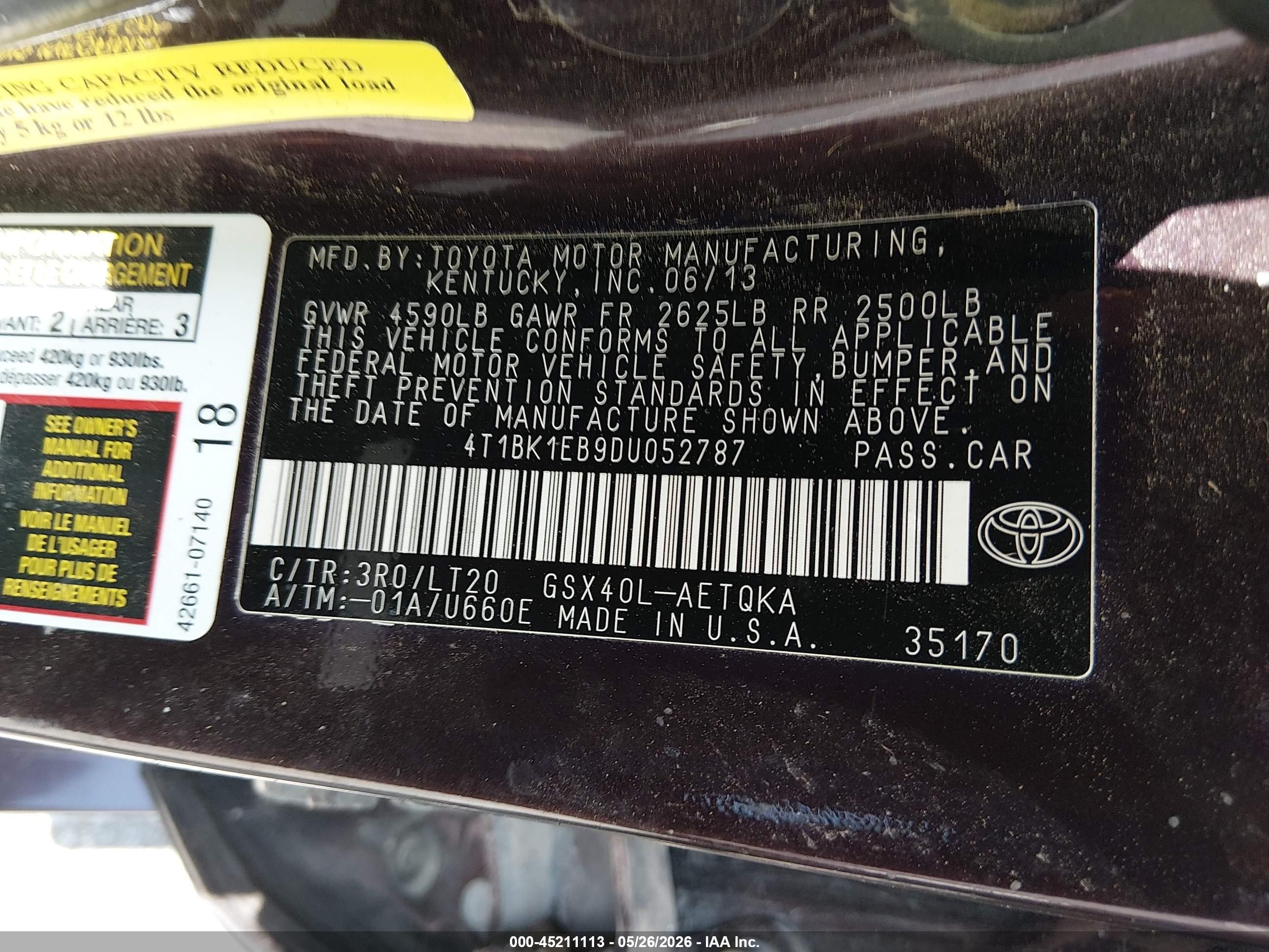 2013 Toyota Avalon Xle Touring Maroon vin: 4T1BK1EB9DU052787