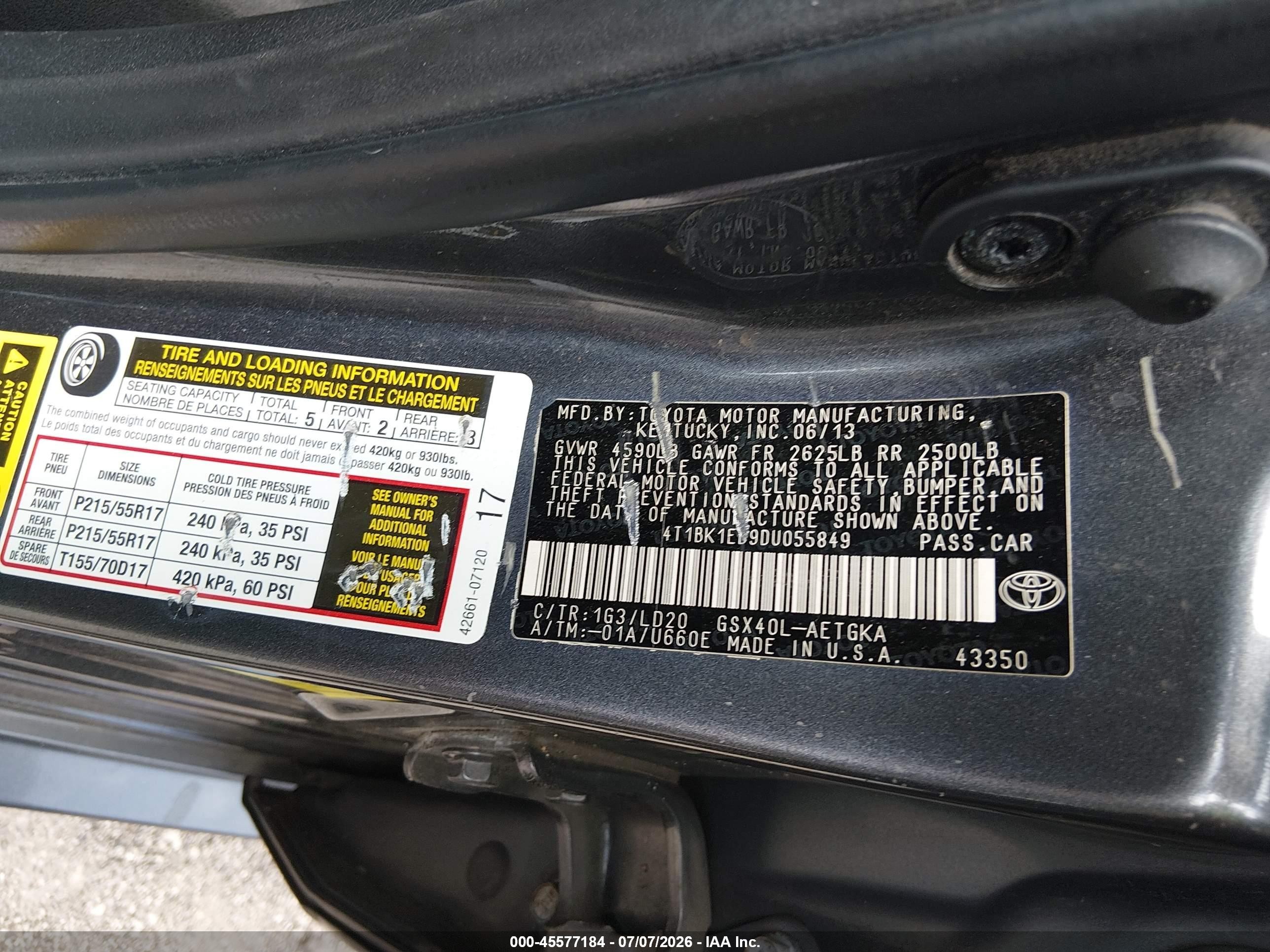 2013 Toyota Avalon Xle Gray vin: 4T1BK1EB9DU055849