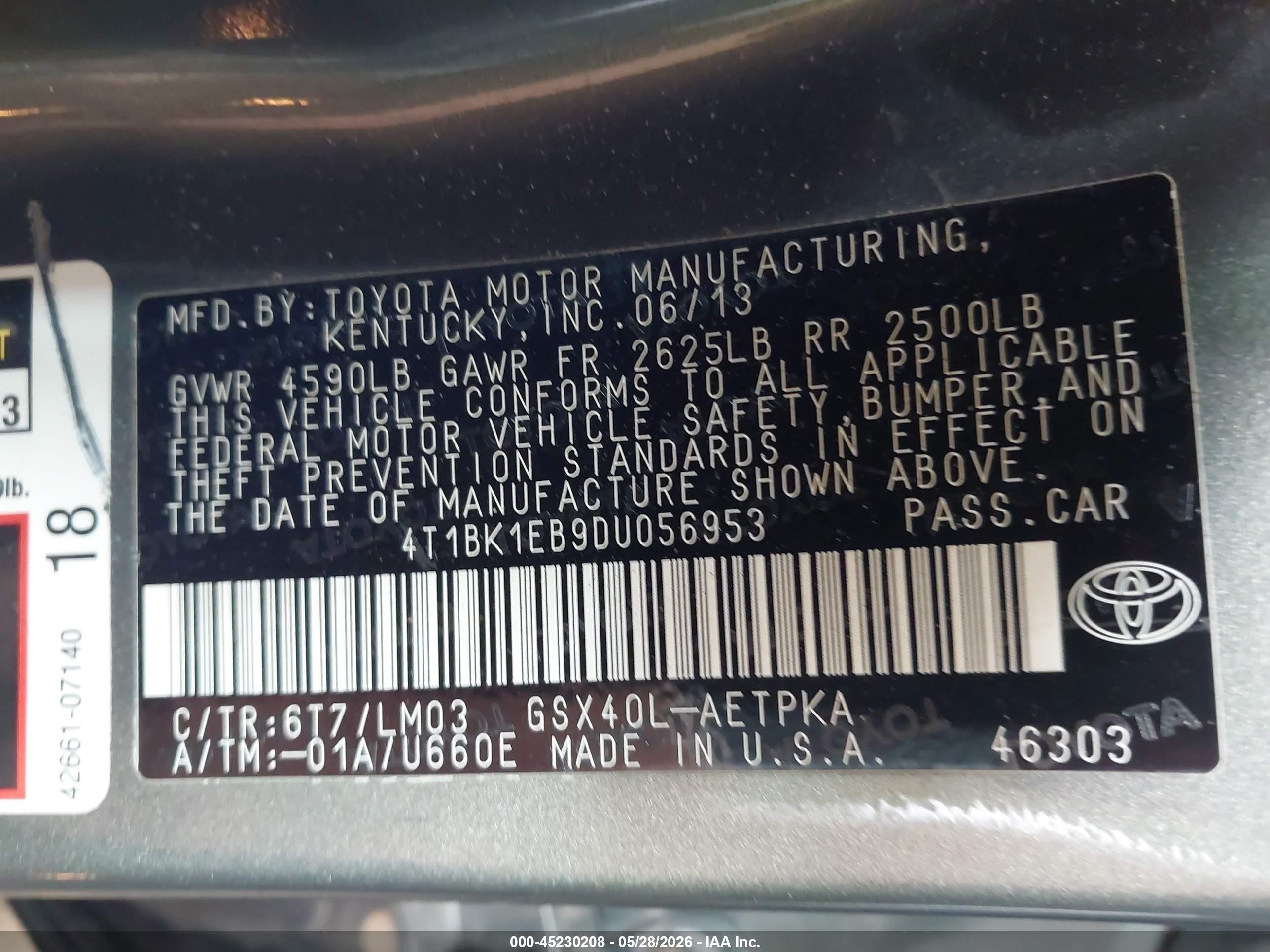 2013 Toyota Avalon Limited Green vin: 4T1BK1EB9DU056953