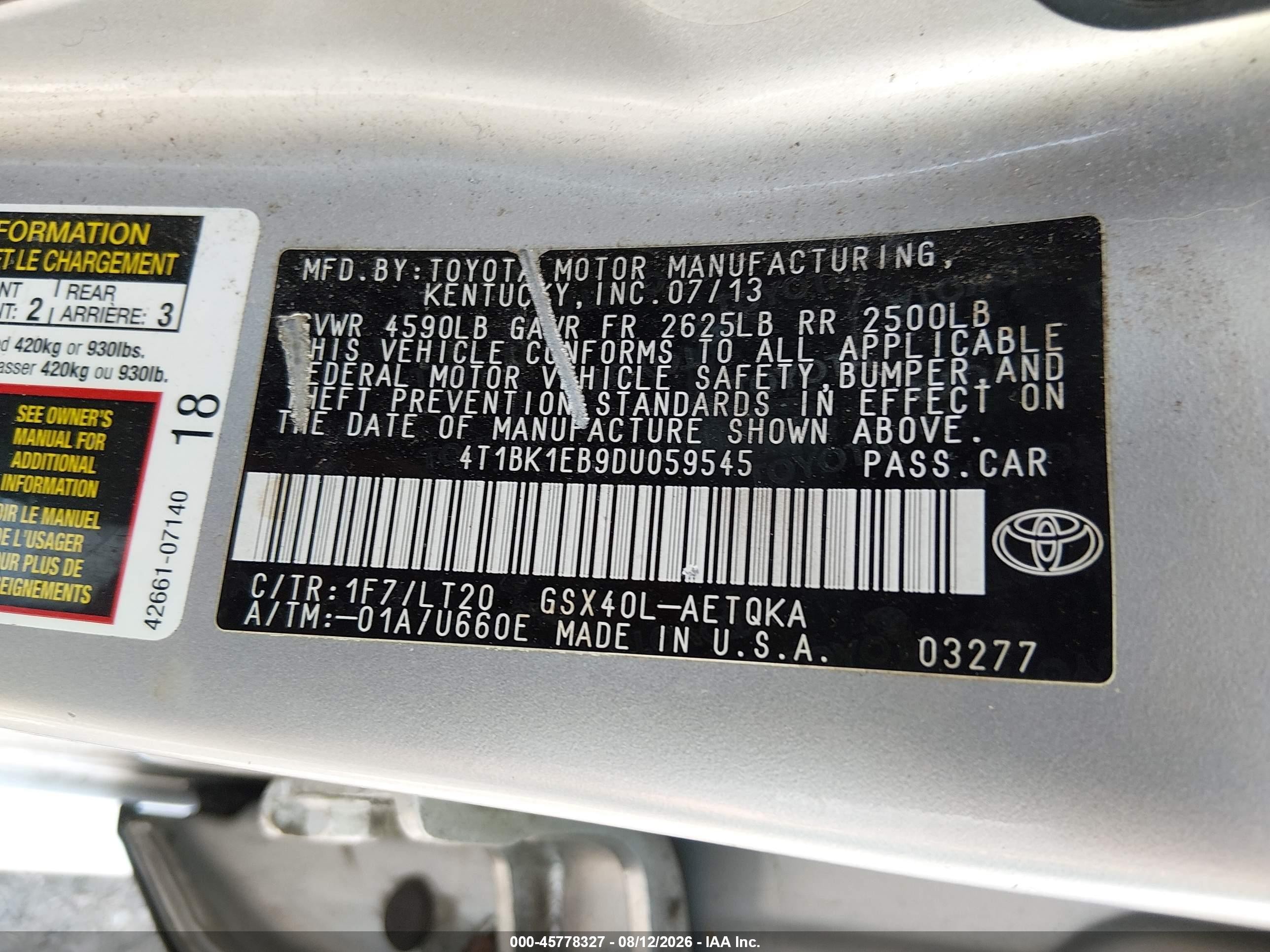 2013 Toyota Avalon Xle Touring Silver vin: 4T1BK1EB9DU059545