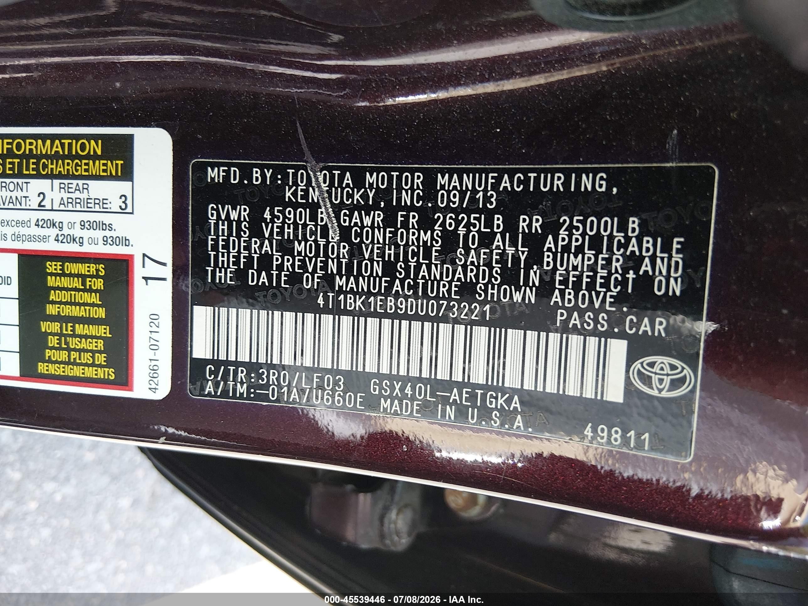 2013 Toyota Avalon Xle Premium Maroon vin: 4T1BK1EB9DU073221