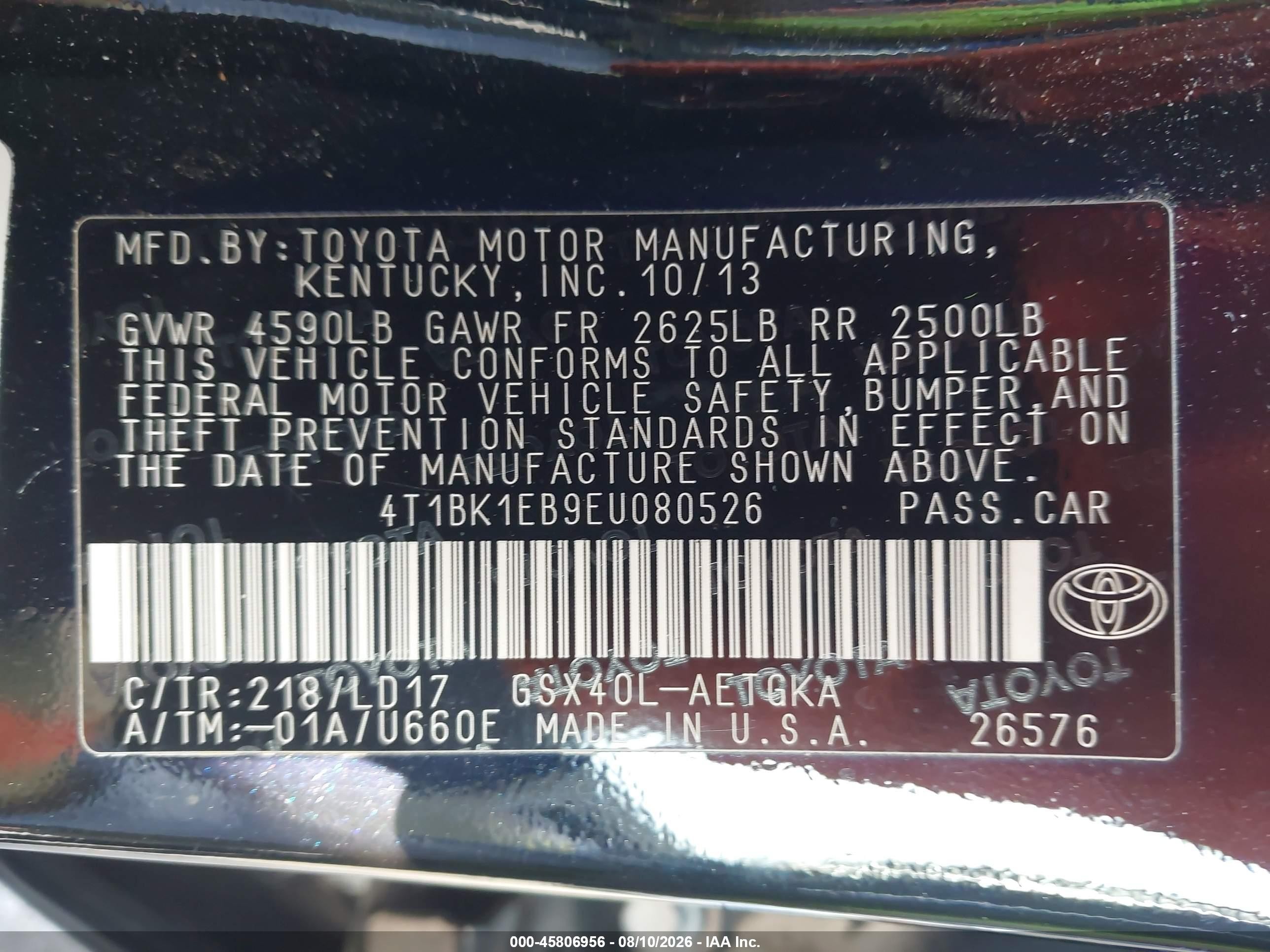 2014 Toyota Avalon Xle Black vin: 4T1BK1EB9EU080526