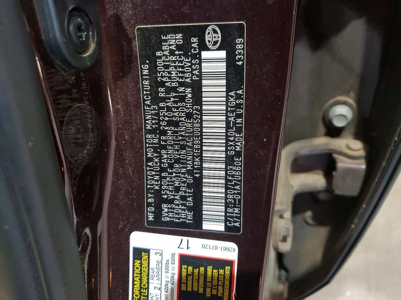 2014 Toyota Avalon Xle Premium Burgundy vin: 4T1BK1EB9EU085273