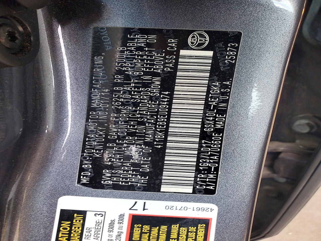 2014 Toyota Avalon Xle Gray vin: 4T1BK1EB9EU094474