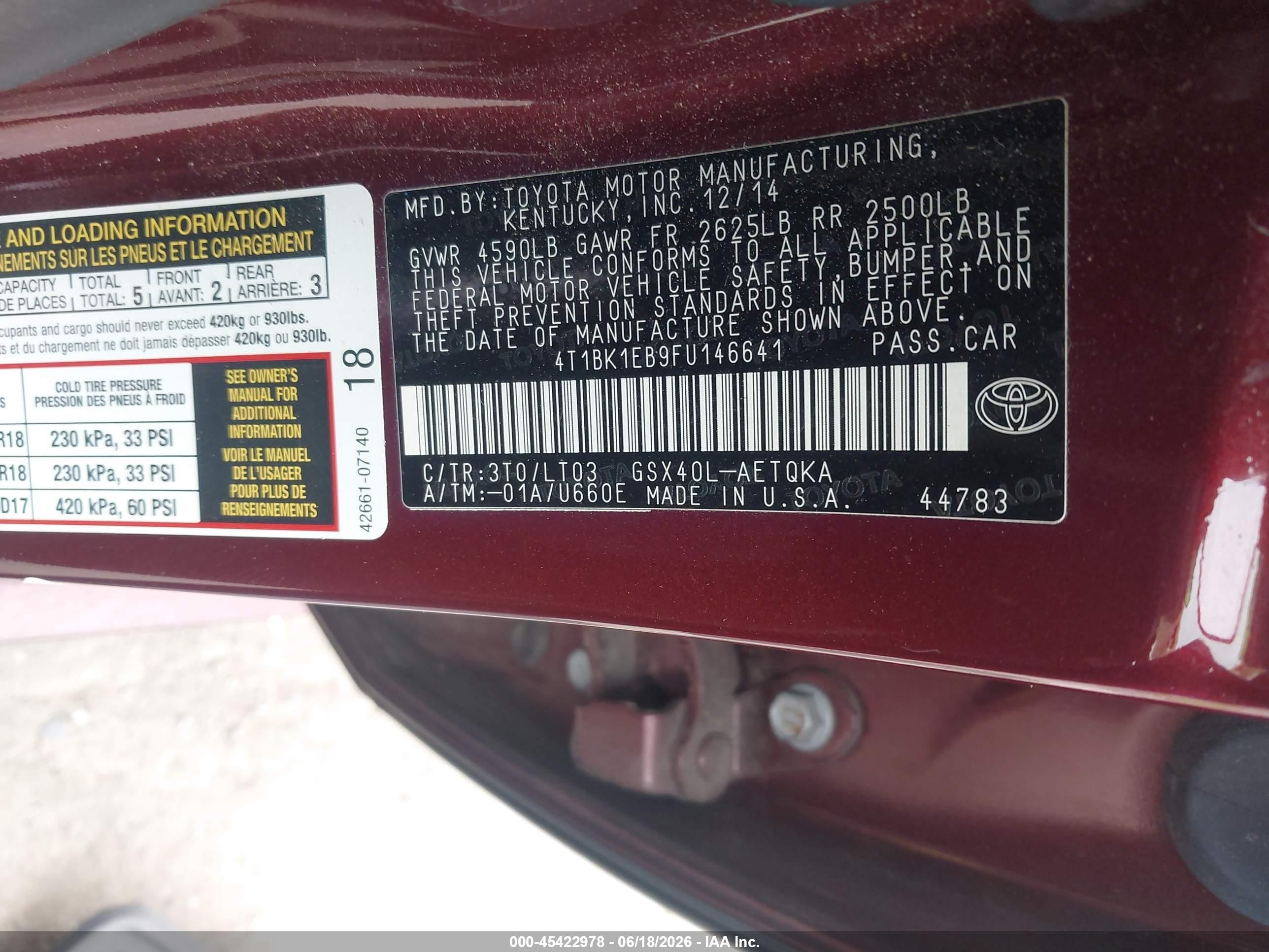 2015 Toyota Avalon Xle Touring Burgundy vin: 4T1BK1EB9FU146641