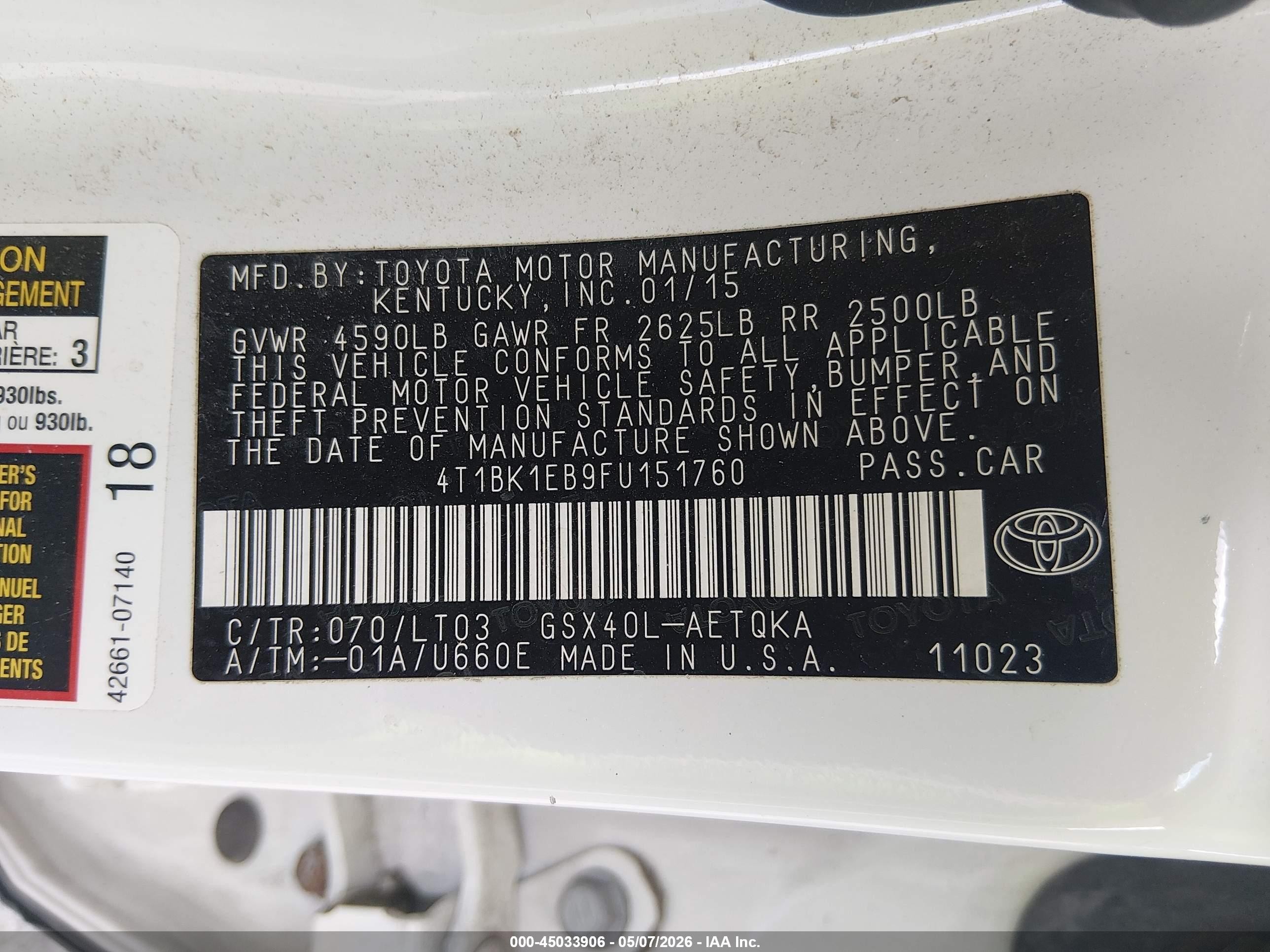 2015 Toyota Avalon Xle Touring Белый vin: 4T1BK1EB9FU151760