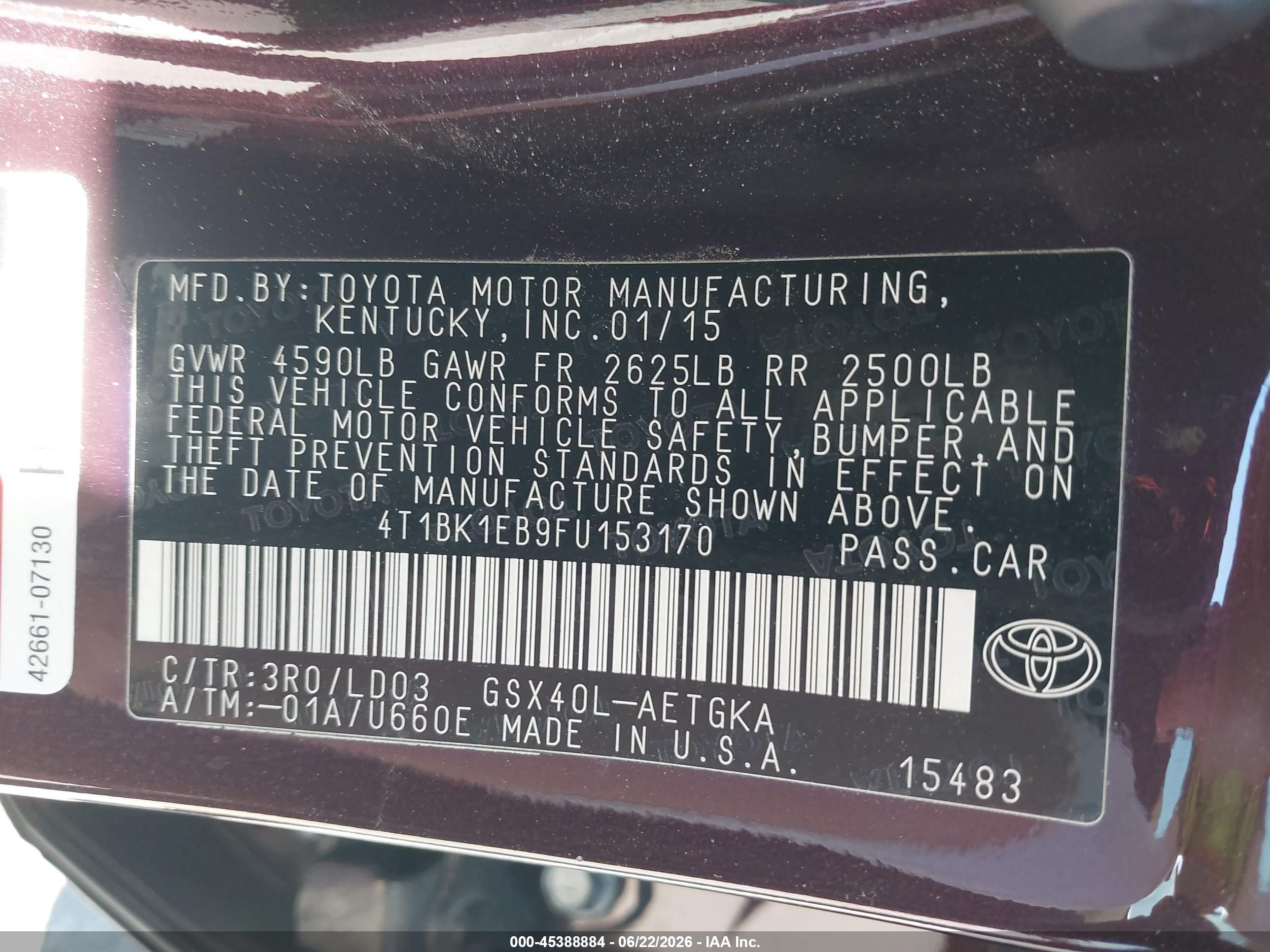 2015 Toyota Avalon Xle Burgundy vin: 4T1BK1EB9FU153170