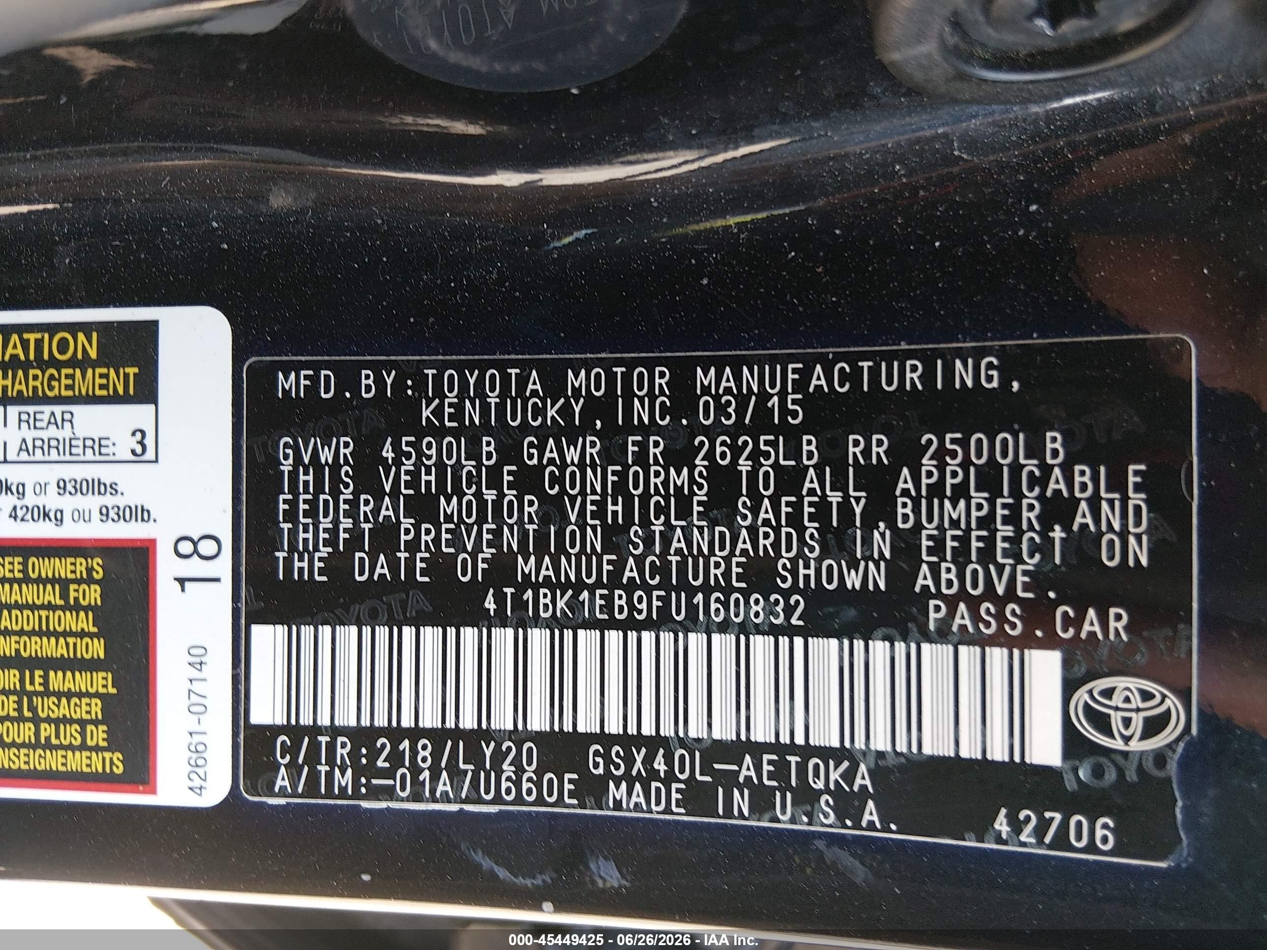 2015 Toyota Avalon Xle Touring Se Black vin: 4T1BK1EB9FU160832