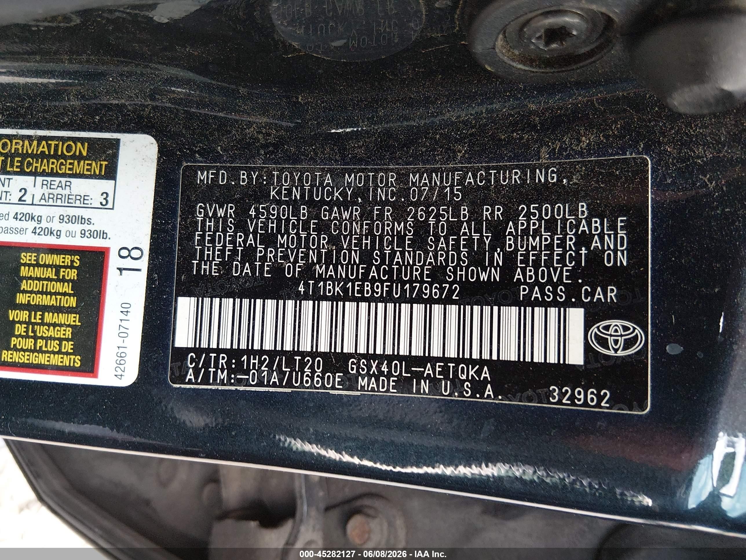 2015 Toyota Avalon Xle Touring Black vin: 4T1BK1EB9FU179672