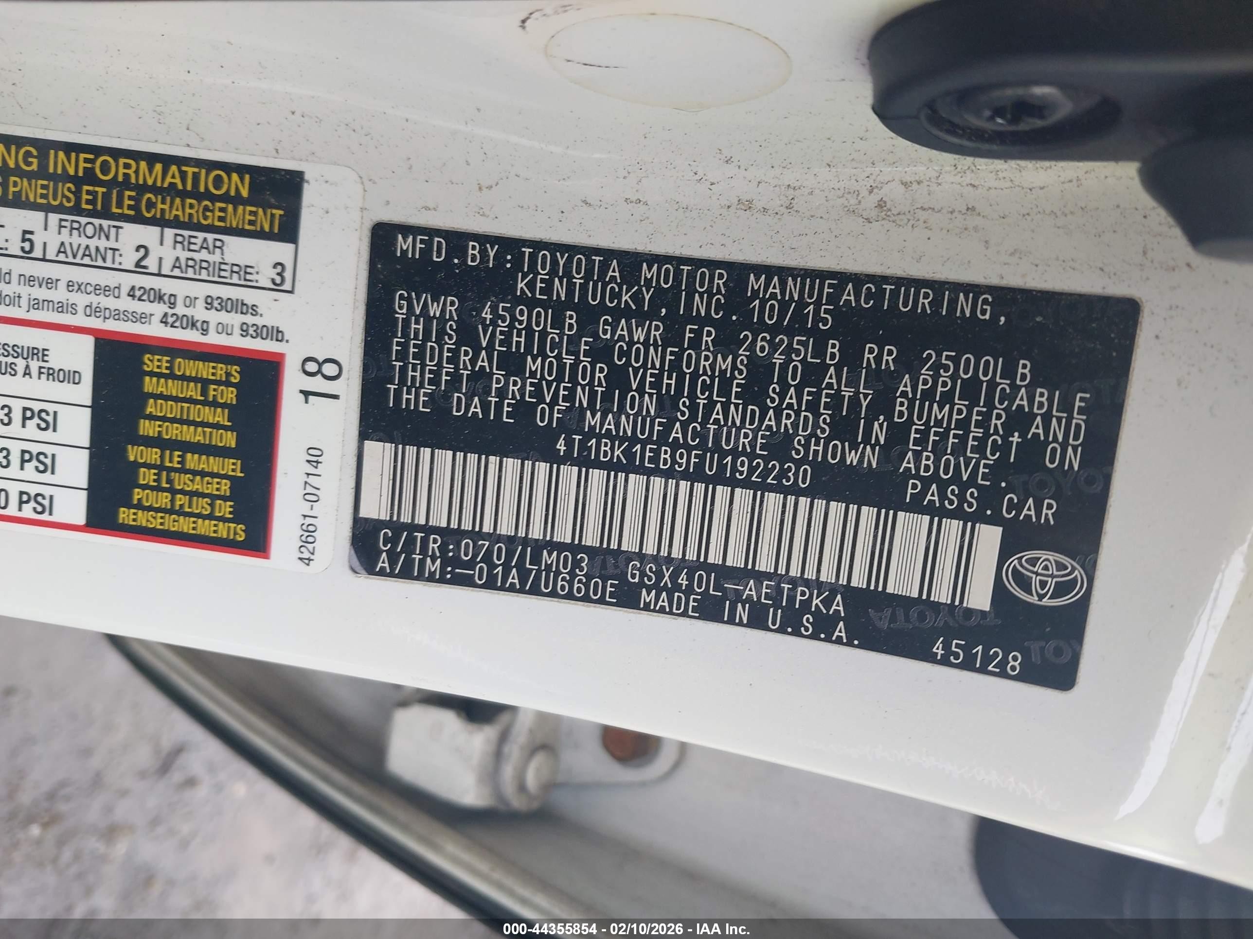 2015 Toyota Avalon Xle/premium/touring/ltd White vin: 4T1BK1EB9FU192230
