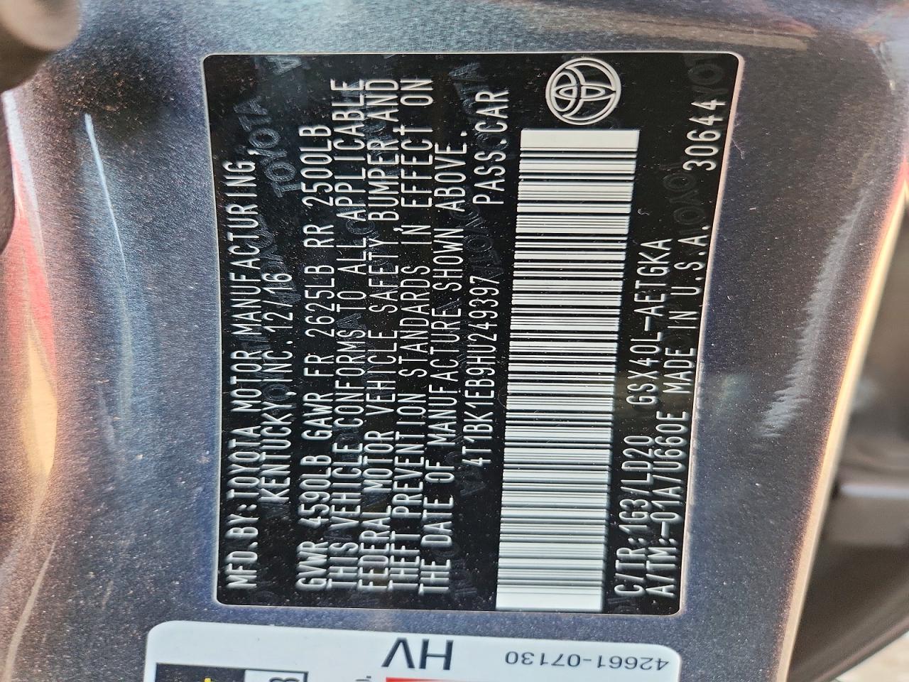 2017 Toyota Avalon Xle Charcoal vin: 4T1BK1EB9HU249397