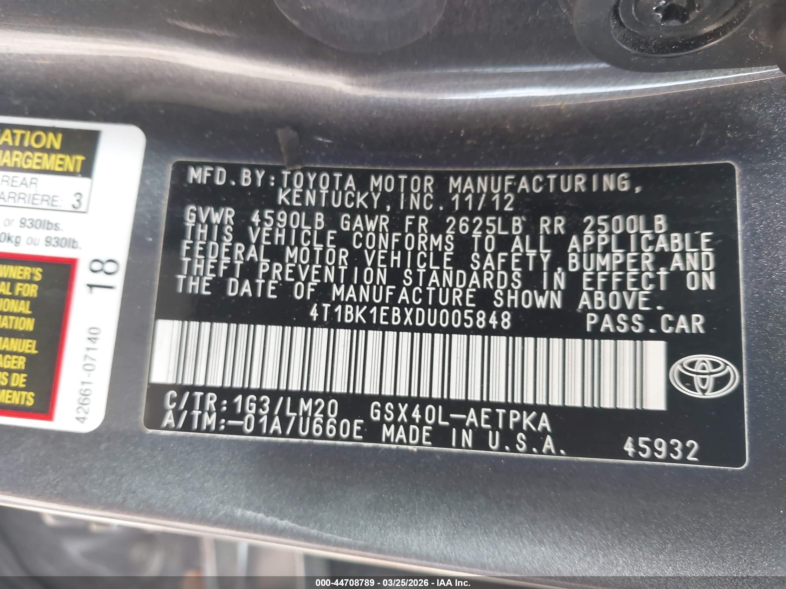 2013 Toyota Avalon Limited Gray vin: 4T1BK1EBXDU005848