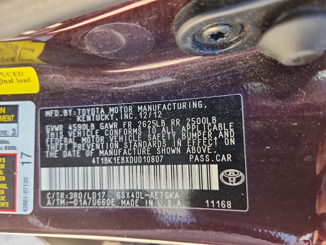 2013 Toyota Avalon Xle Maroon vin: 4T1BK1EBXDU010807