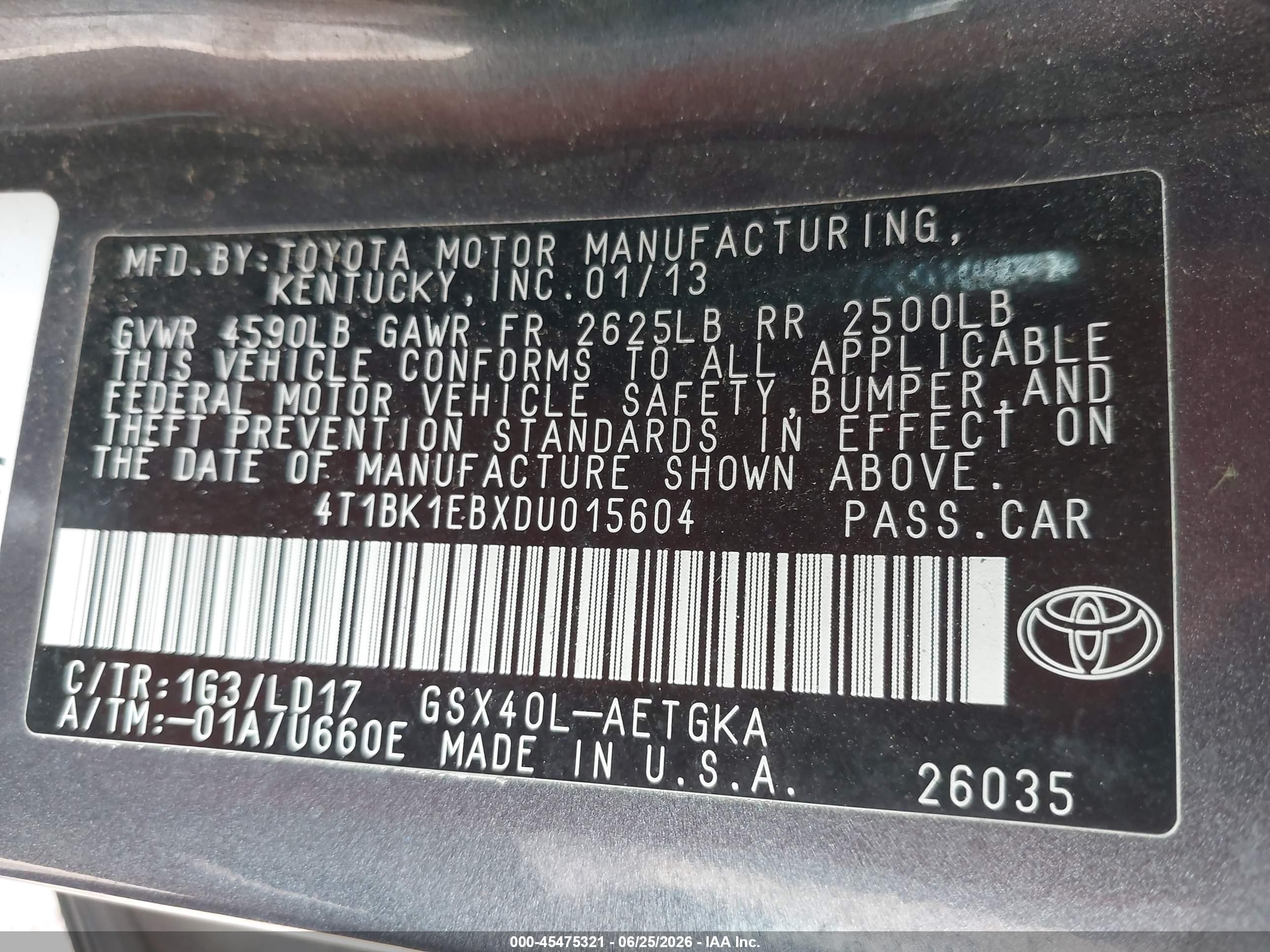 2013 Toyota Avalon Xle vin: 4T1BK1EBXDU015604