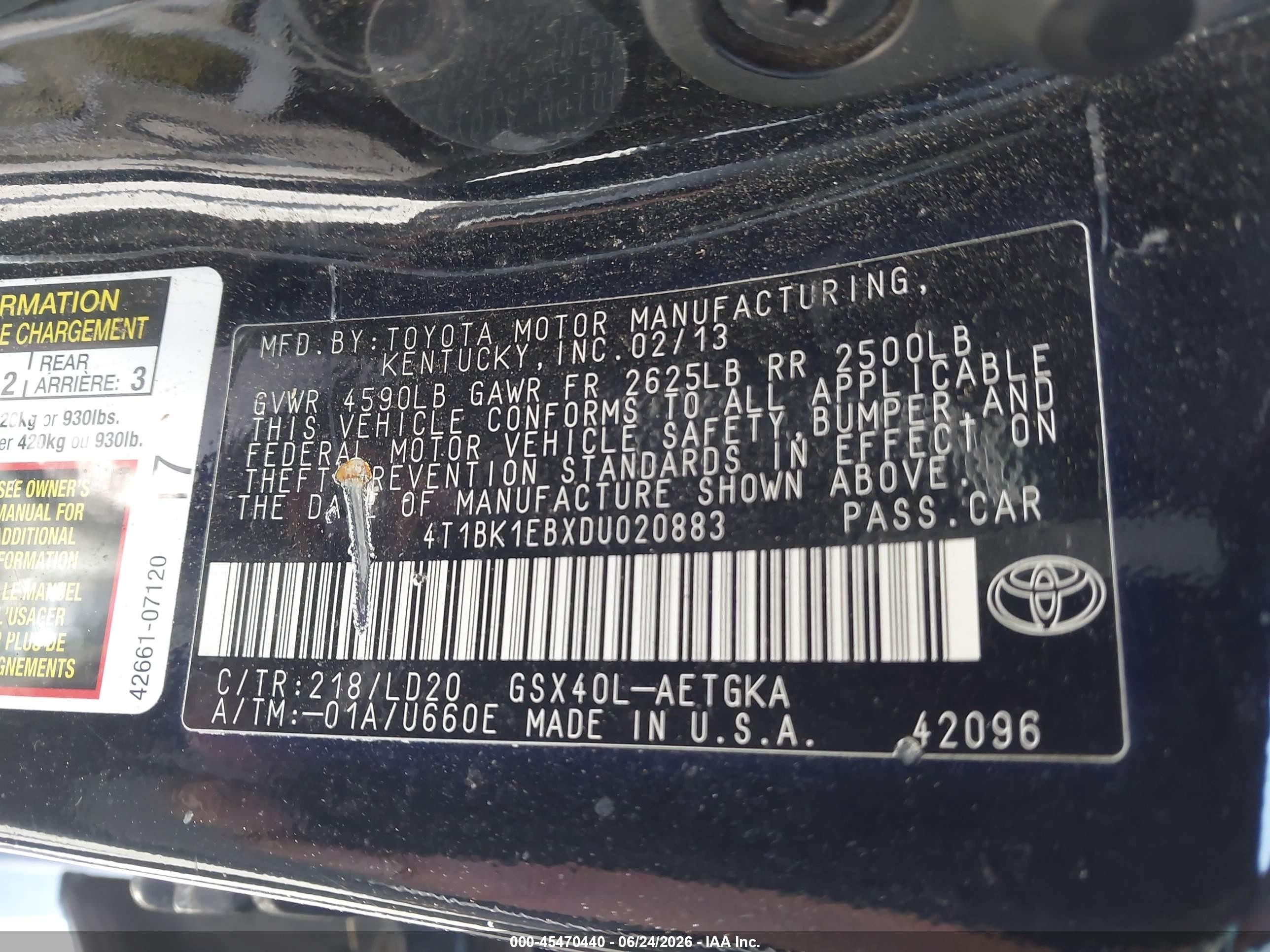 2013 Toyota Avalon Xle Black vin: 4T1BK1EBXDU020883