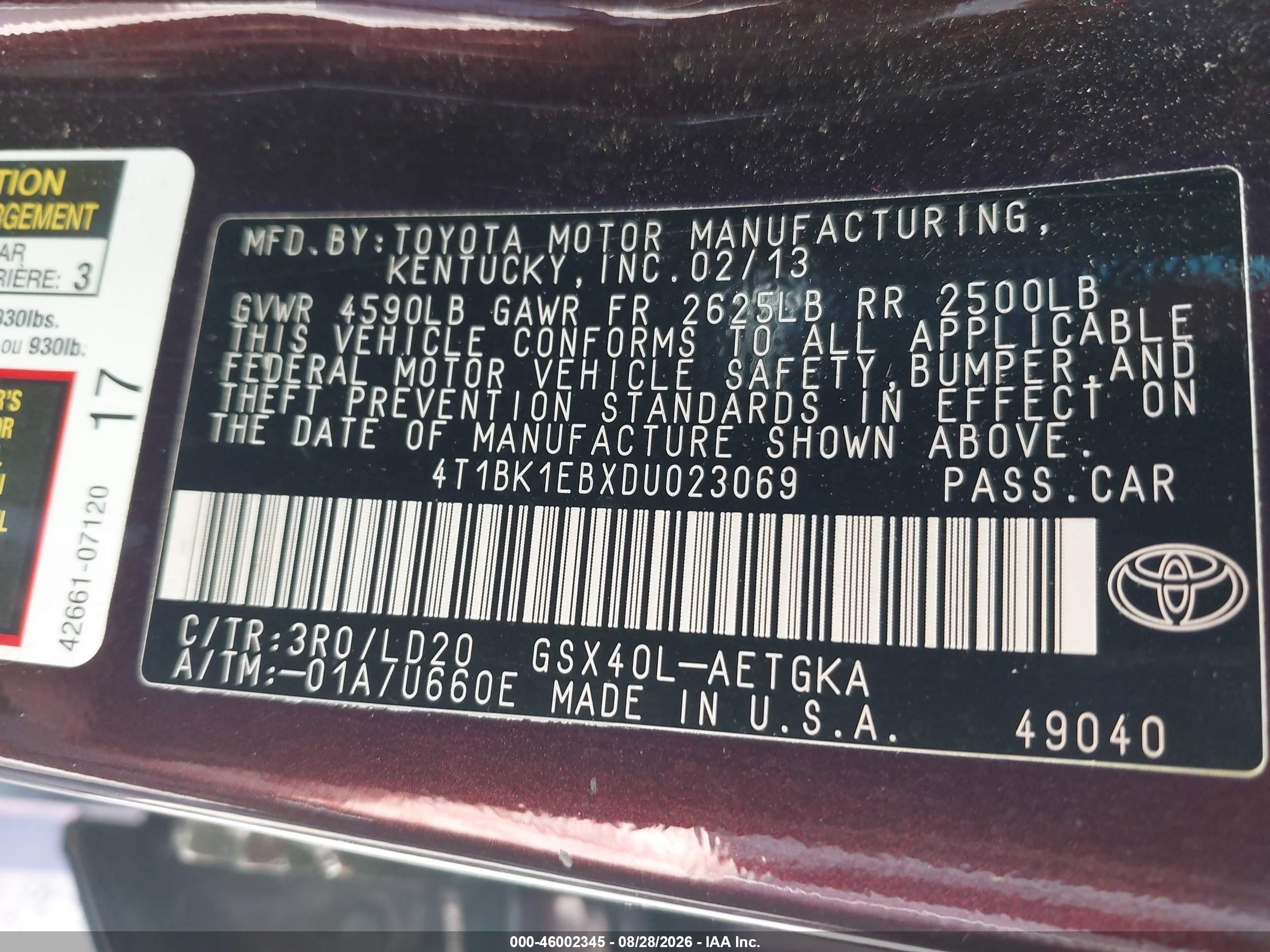 2013 Toyota Avalon Xle Burgundy vin: 4T1BK1EBXDU023069