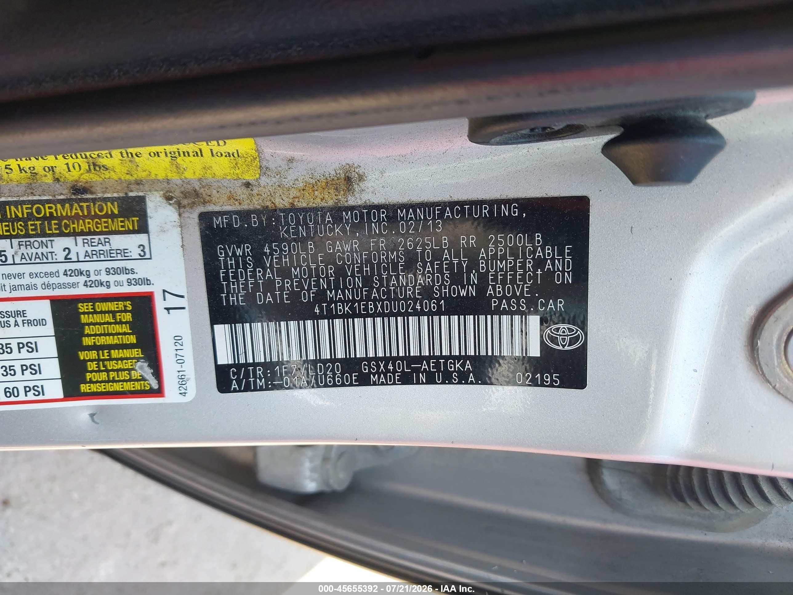 2013 Toyota Avalon Xle Silver vin: 4T1BK1EBXDU024061