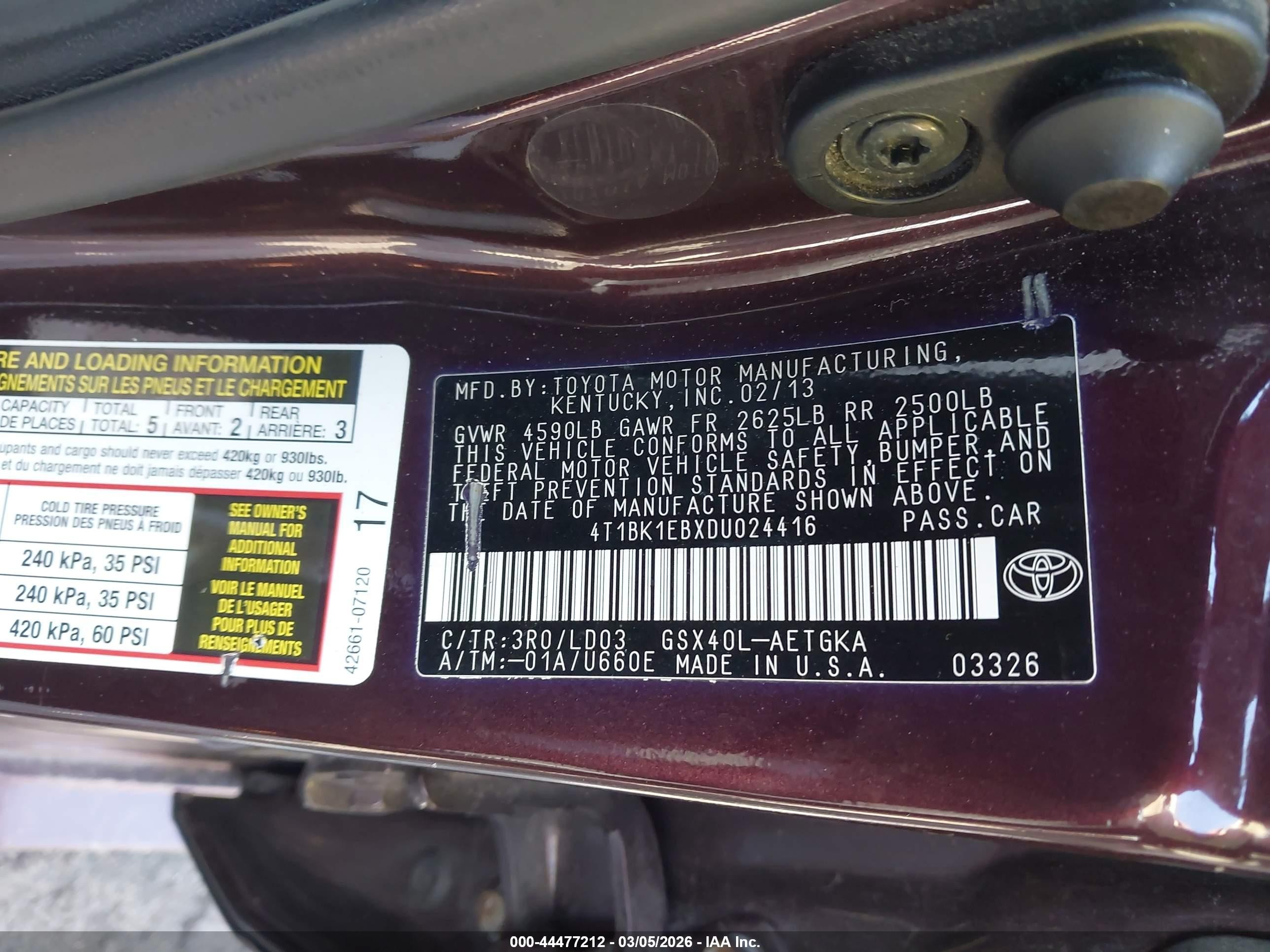 2013 Toyota Avalon Xle Burgundy vin: 4T1BK1EBXDU024416