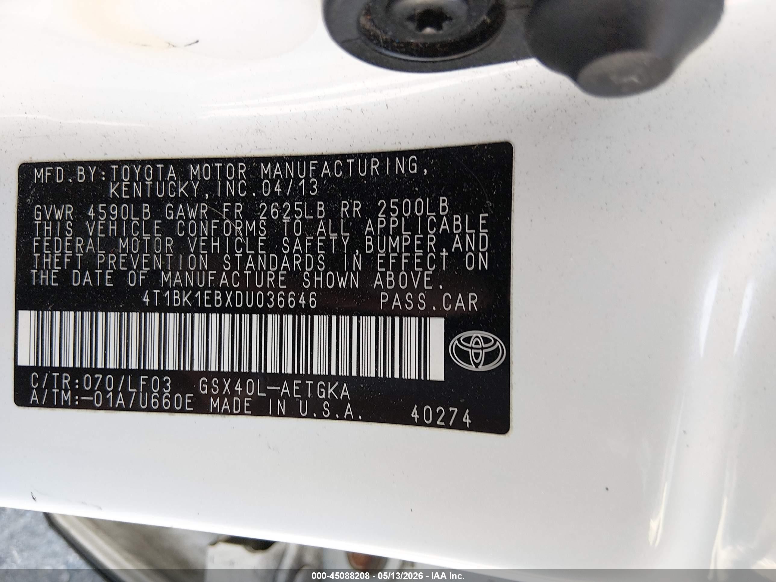 2013 Toyota Avalon Xle Premium White vin: 4T1BK1EBXDU036646