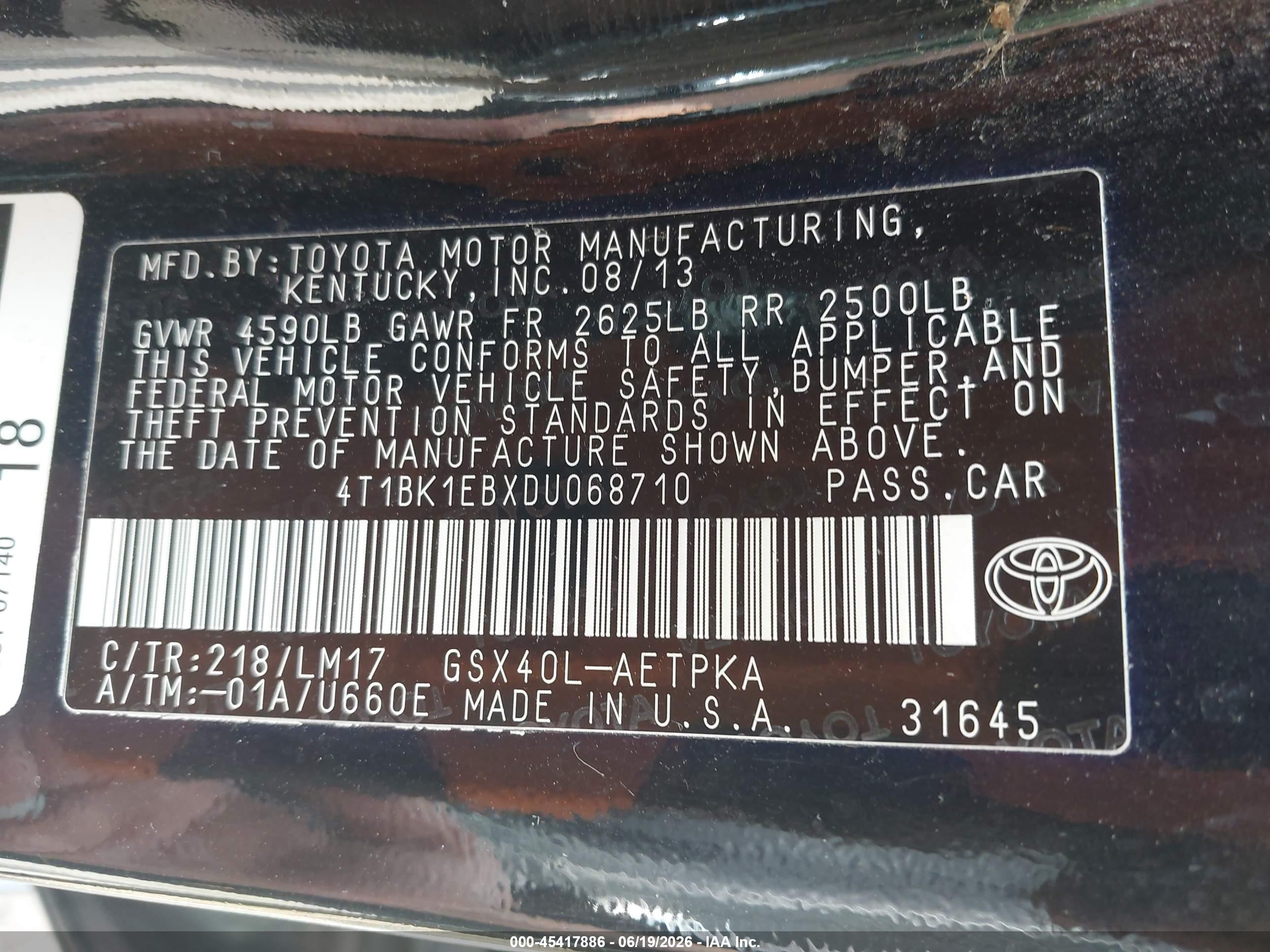 2013 Toyota Avalon Limited Black vin: 4T1BK1EBXDU068710