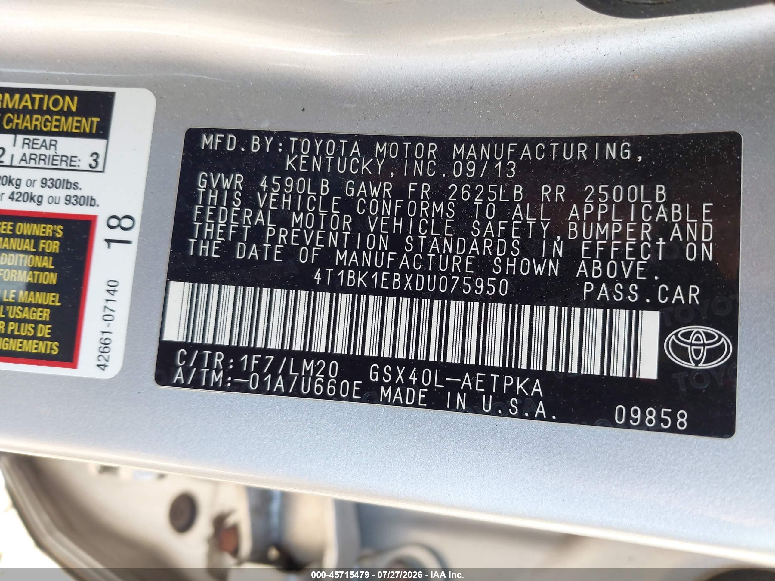 2013 Toyota Avalon Limited Silver vin: 4T1BK1EBXDU075950
