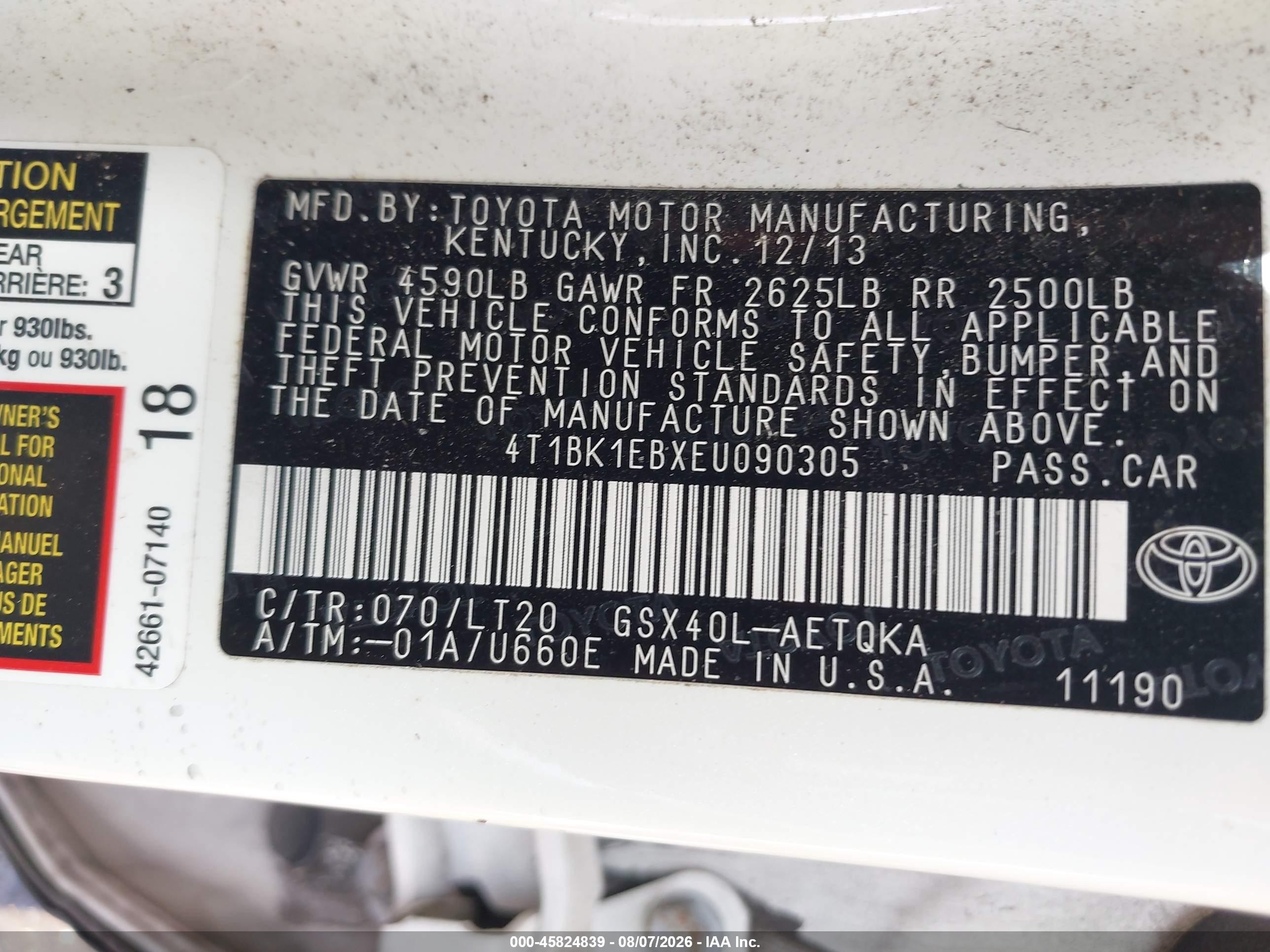 2014 Toyota Avalon Xle Touring White vin: 4T1BK1EBXEU090305
