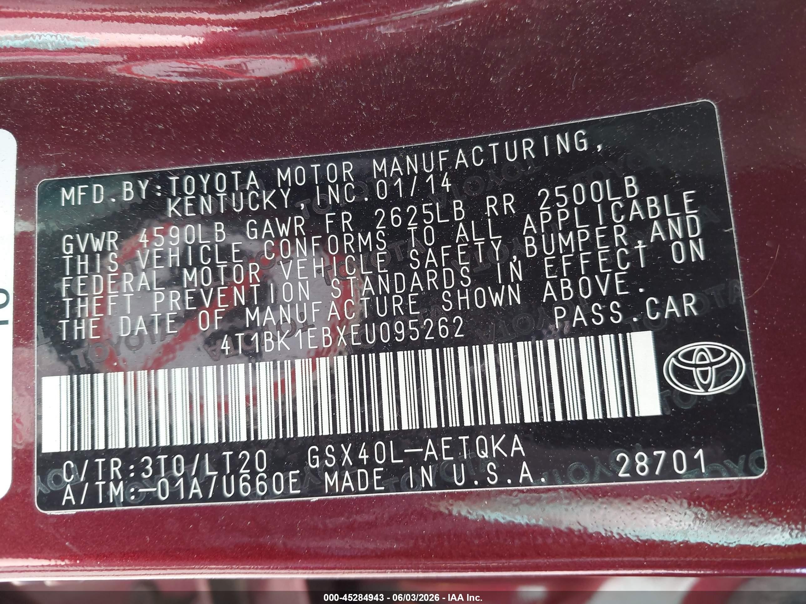 2014 Toyota Avalon Xle Touring Burgundy vin: 4T1BK1EBXEU095262
