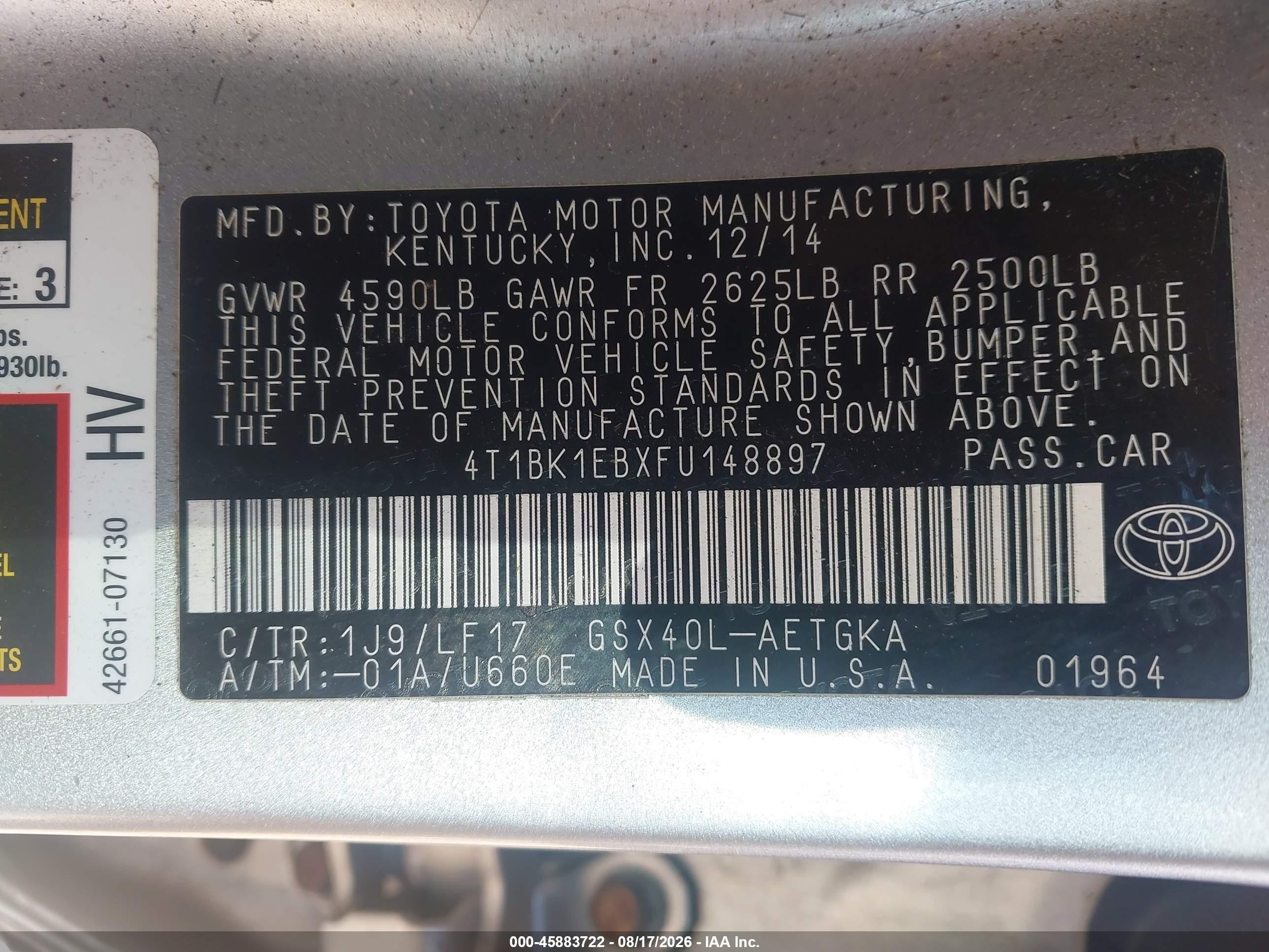 2015 Toyota Avalon   Silver vin: 4T1BK1EBXFU148897