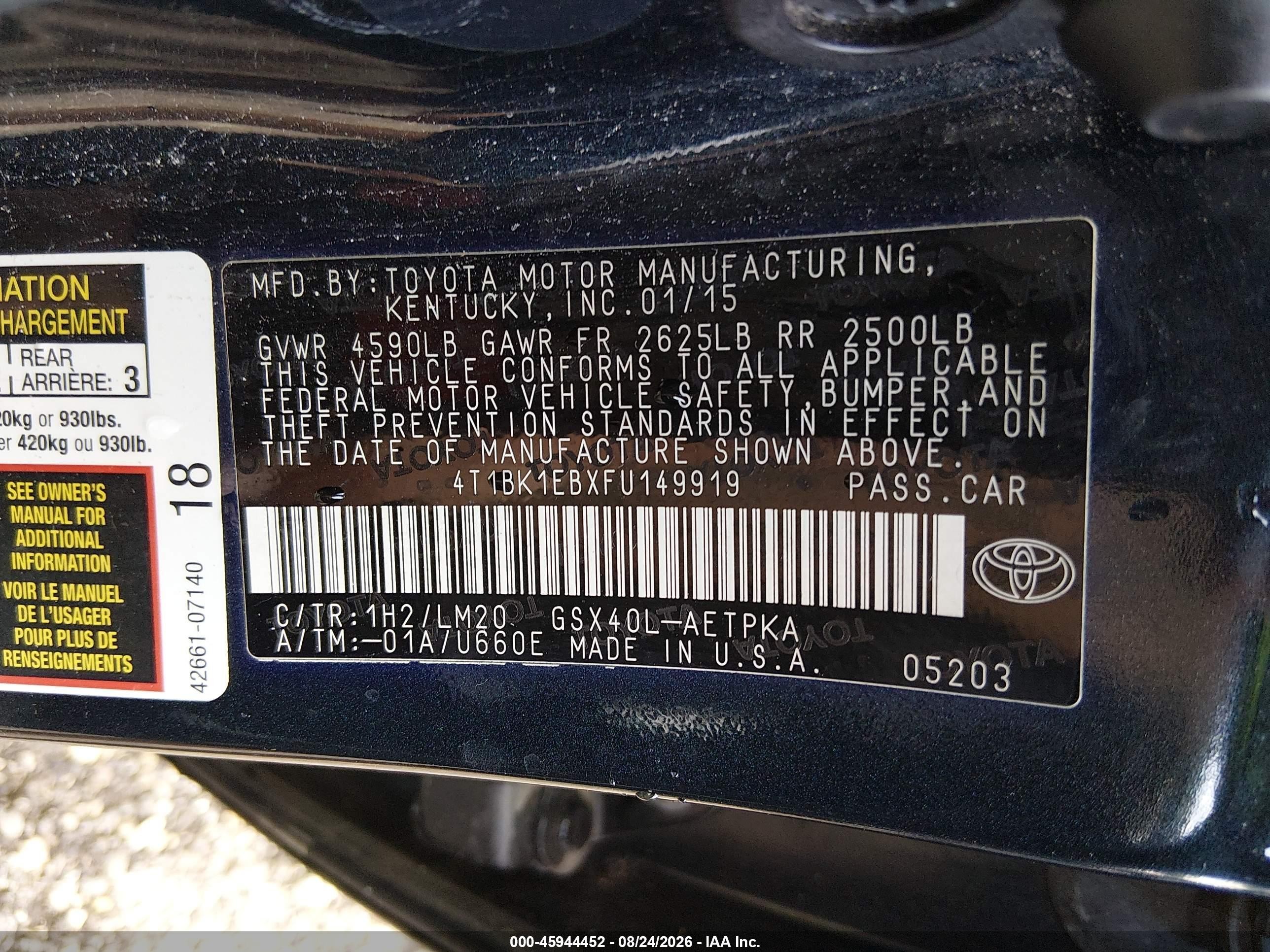 2015 Toyota Avalon Limited Черный vin: 4T1BK1EBXFU149919