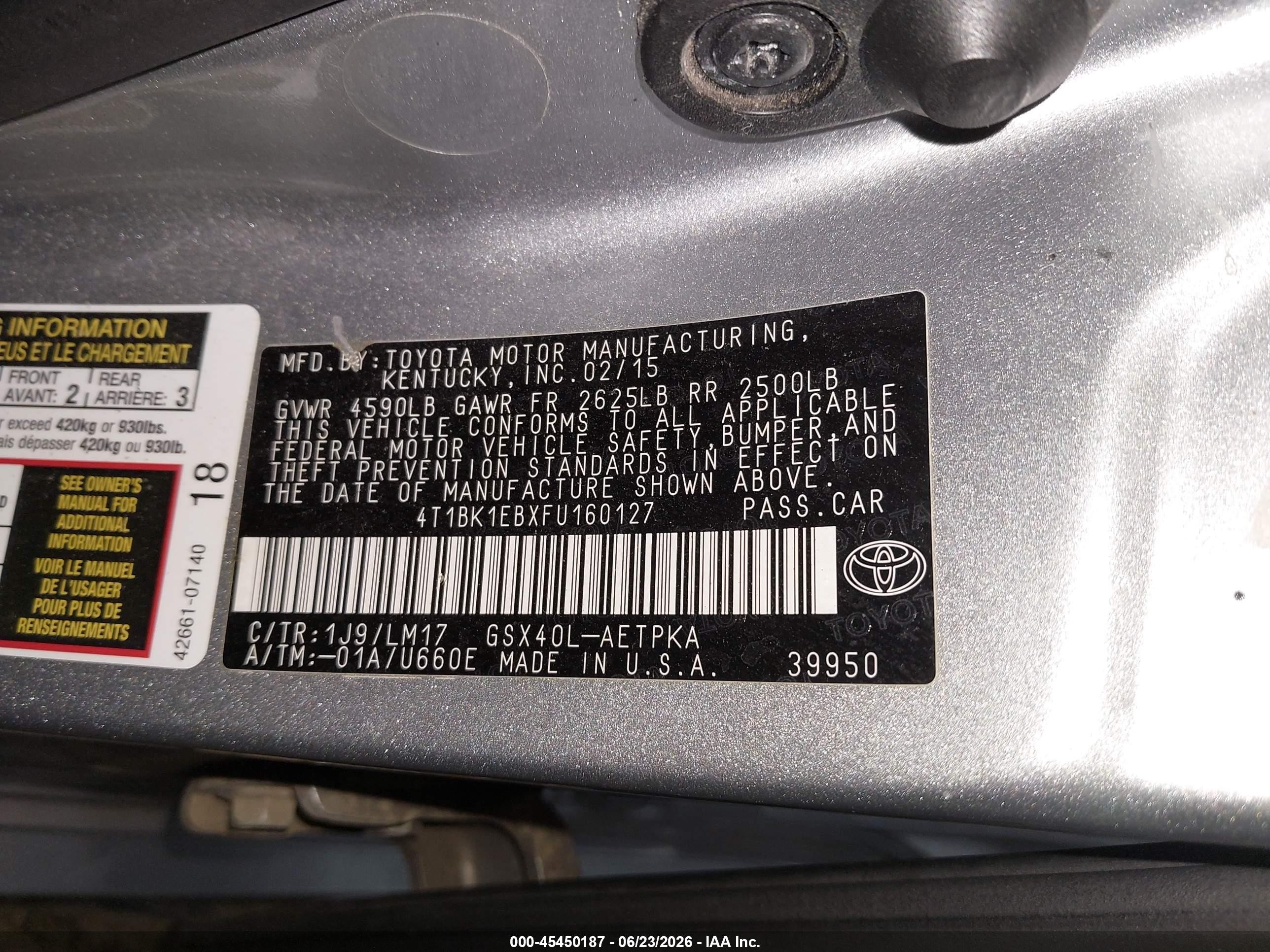 2015 Toyota Avalon Limited Silver vin: 4T1BK1EBXFU160127