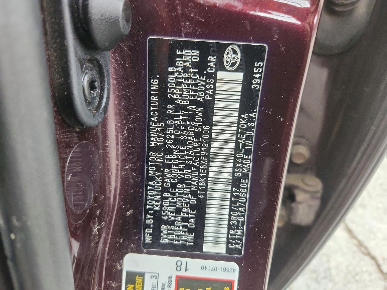 2015 Toyota Avalon Xle Touring Burgundy vin: 4T1BK1EBXFU191006