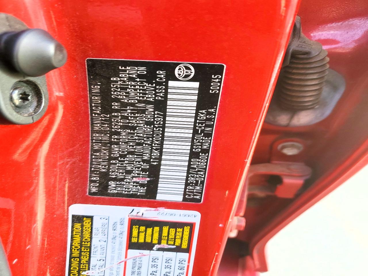 2012 Toyota Camry Xle V6 Red vin: 4T1BK1FK0CU515977