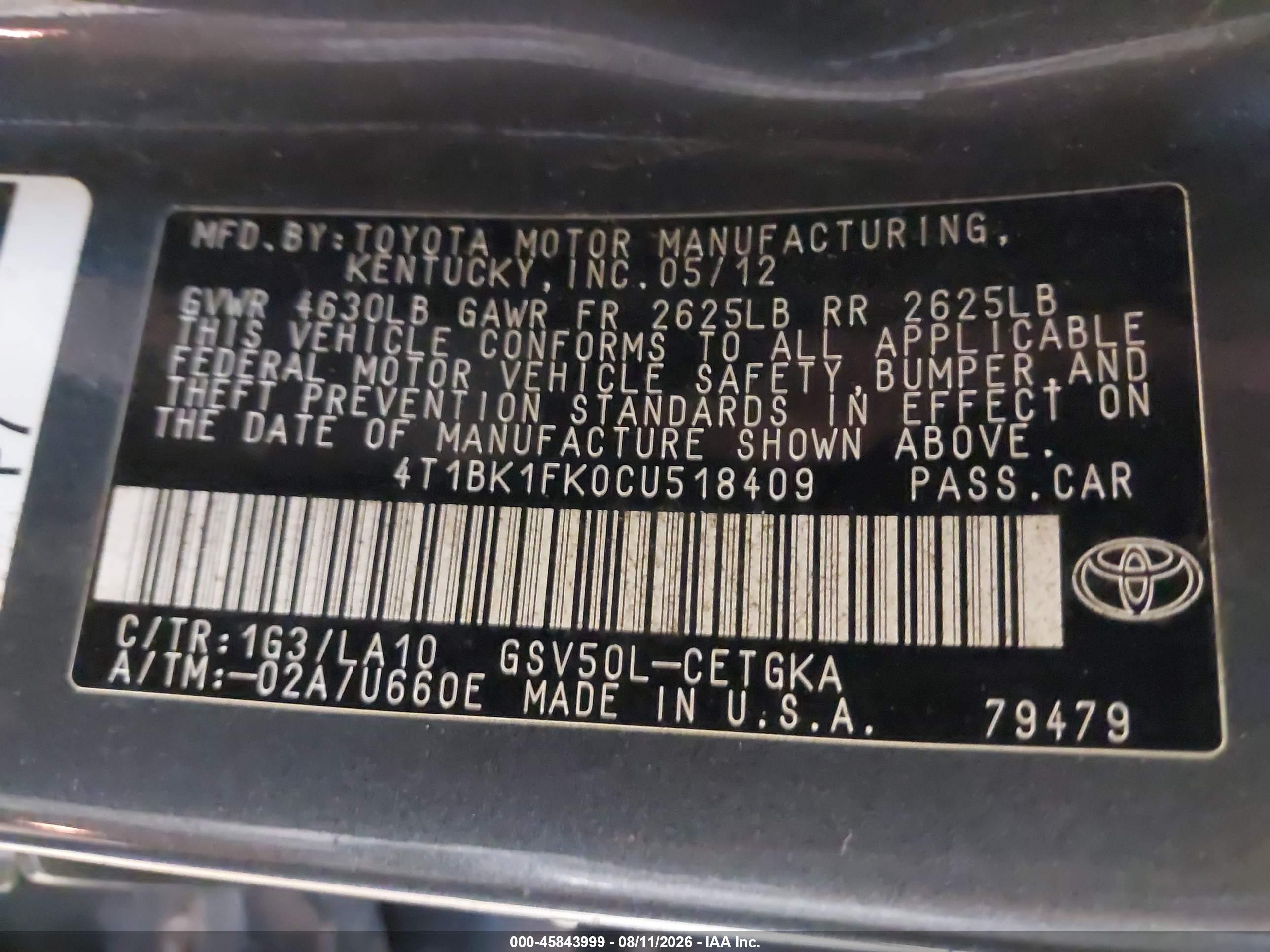 2012 Toyota Camry Xle V6 Gray vin: 4T1BK1FK0CU518409