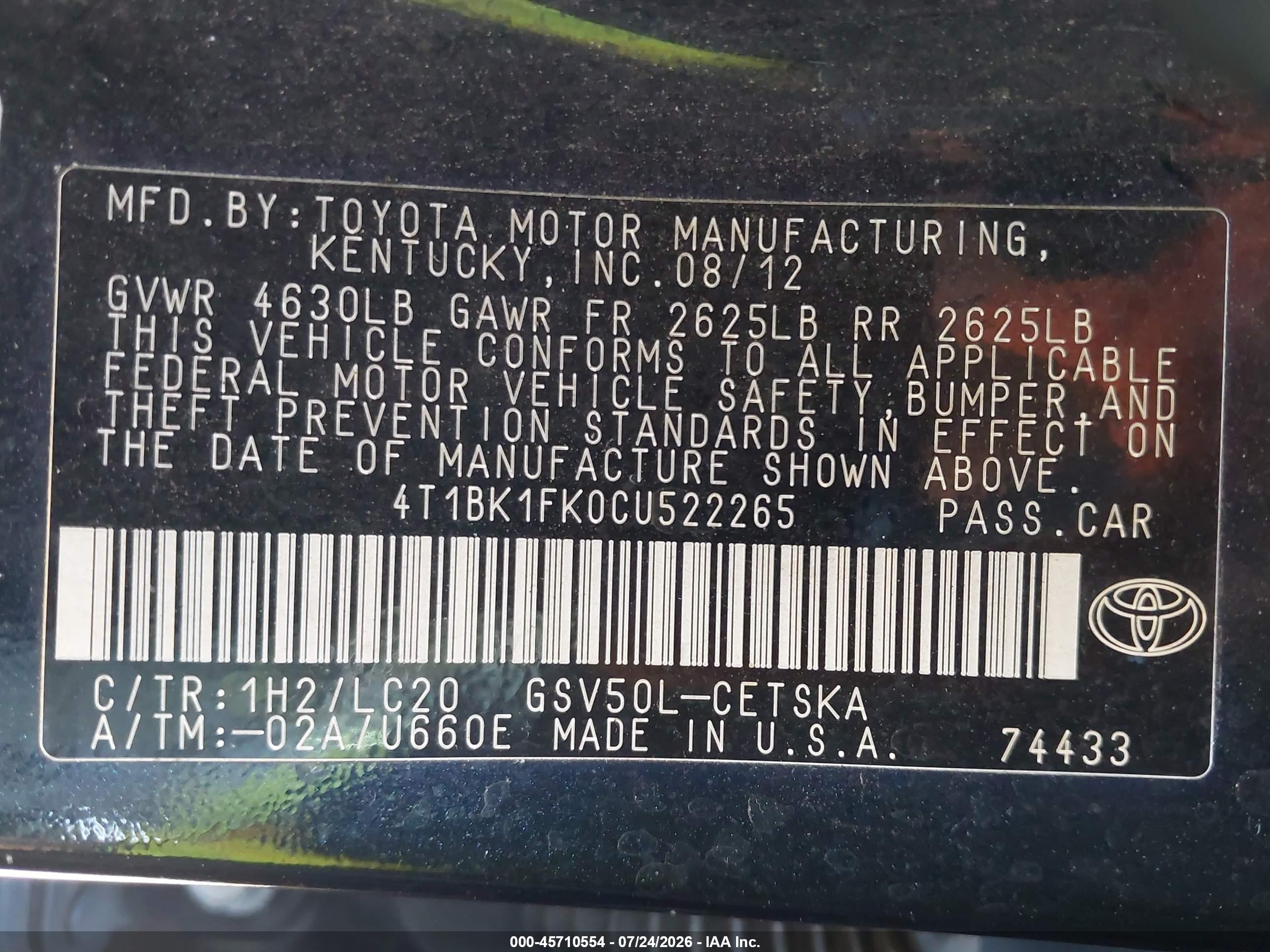 2012 Toyota Camry Se V6 Черный vin: 4T1BK1FK0CU522265