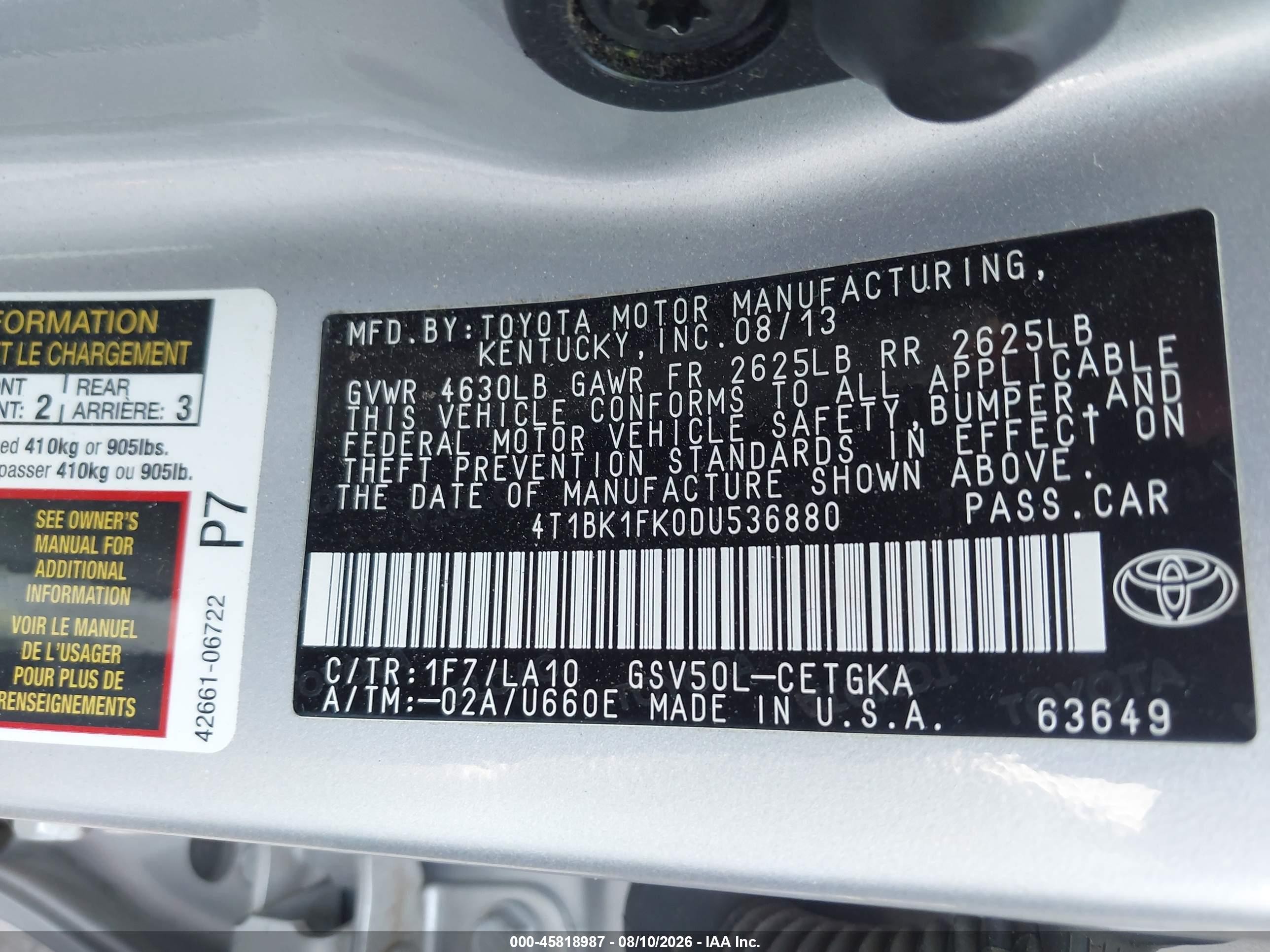 2013 Toyota Camry Xle V6 Silver vin: 4T1BK1FK0DU536880