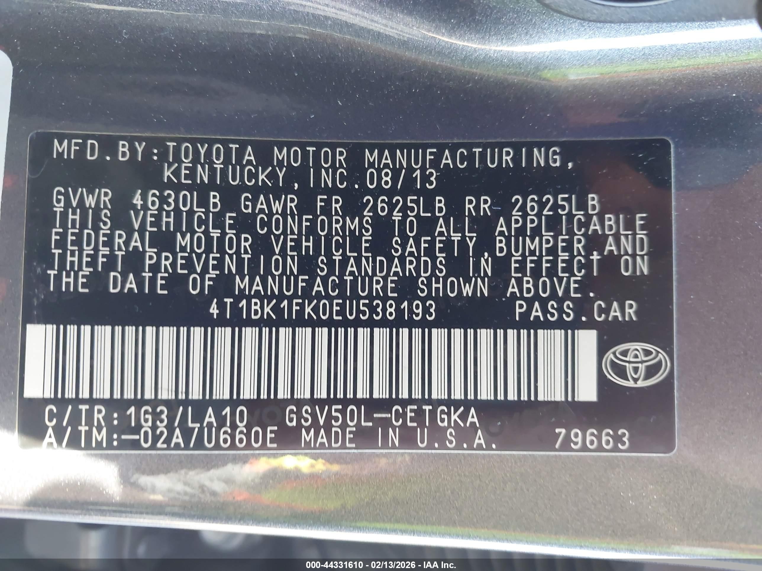 2014 Toyota Camry Xle V6 Gray vin: 4T1BK1FK0EU538193